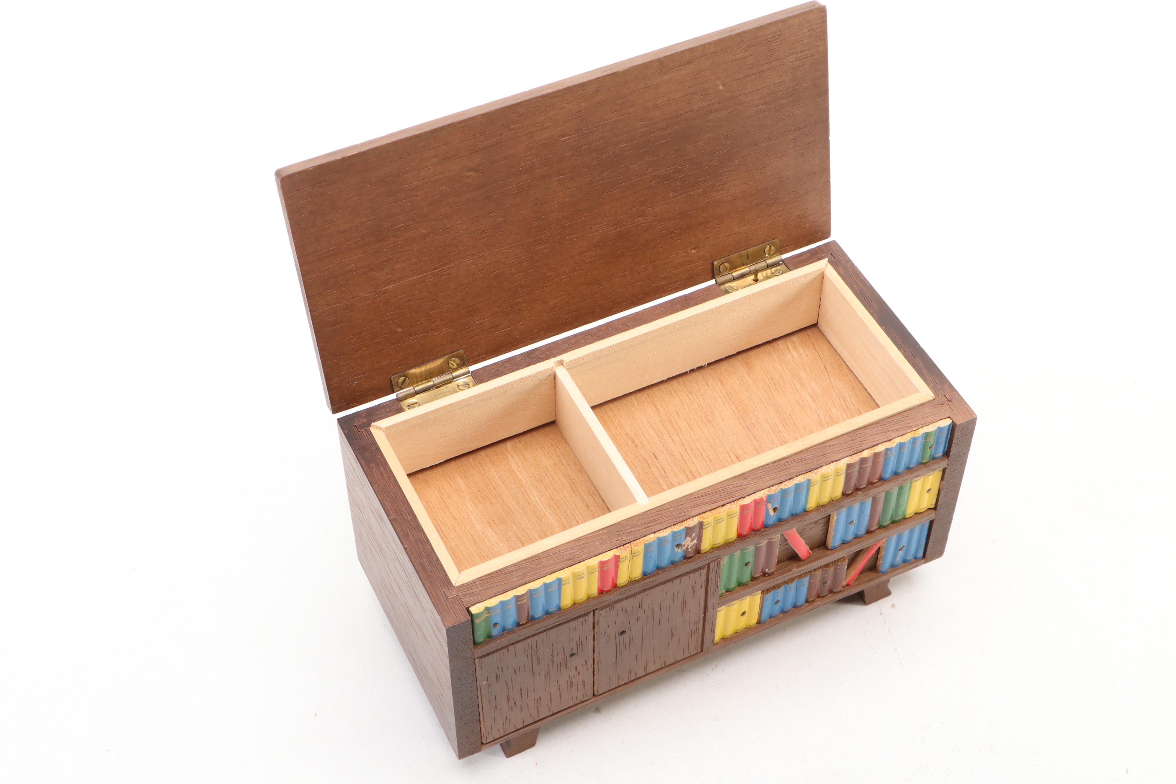 Japanese Tilso Musical Cigarette Box with Miniature Faux Library Cover Panel