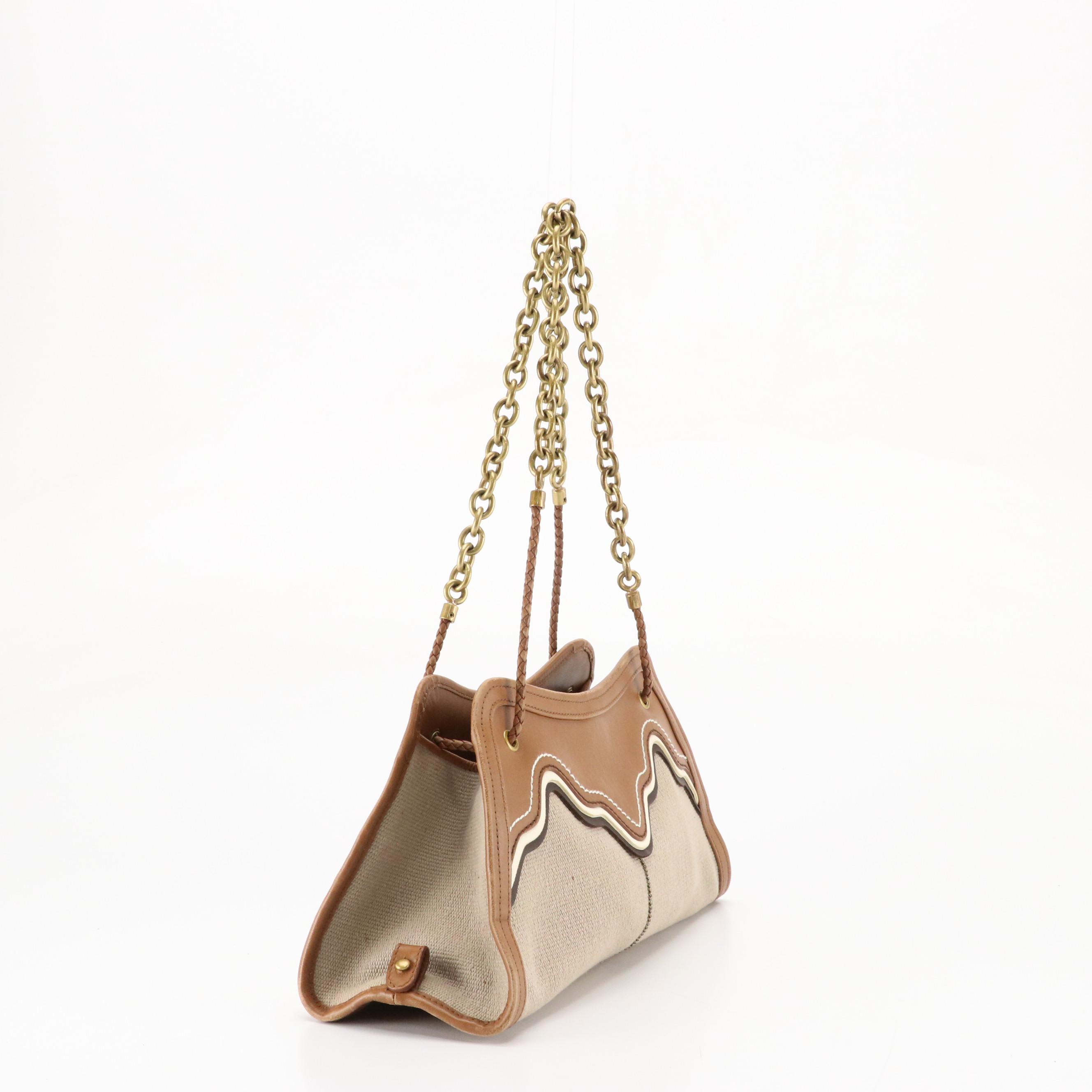 Bottega Veneta Chain Strap Bag in Beige Canvas and Tricolor Stitched Leather
