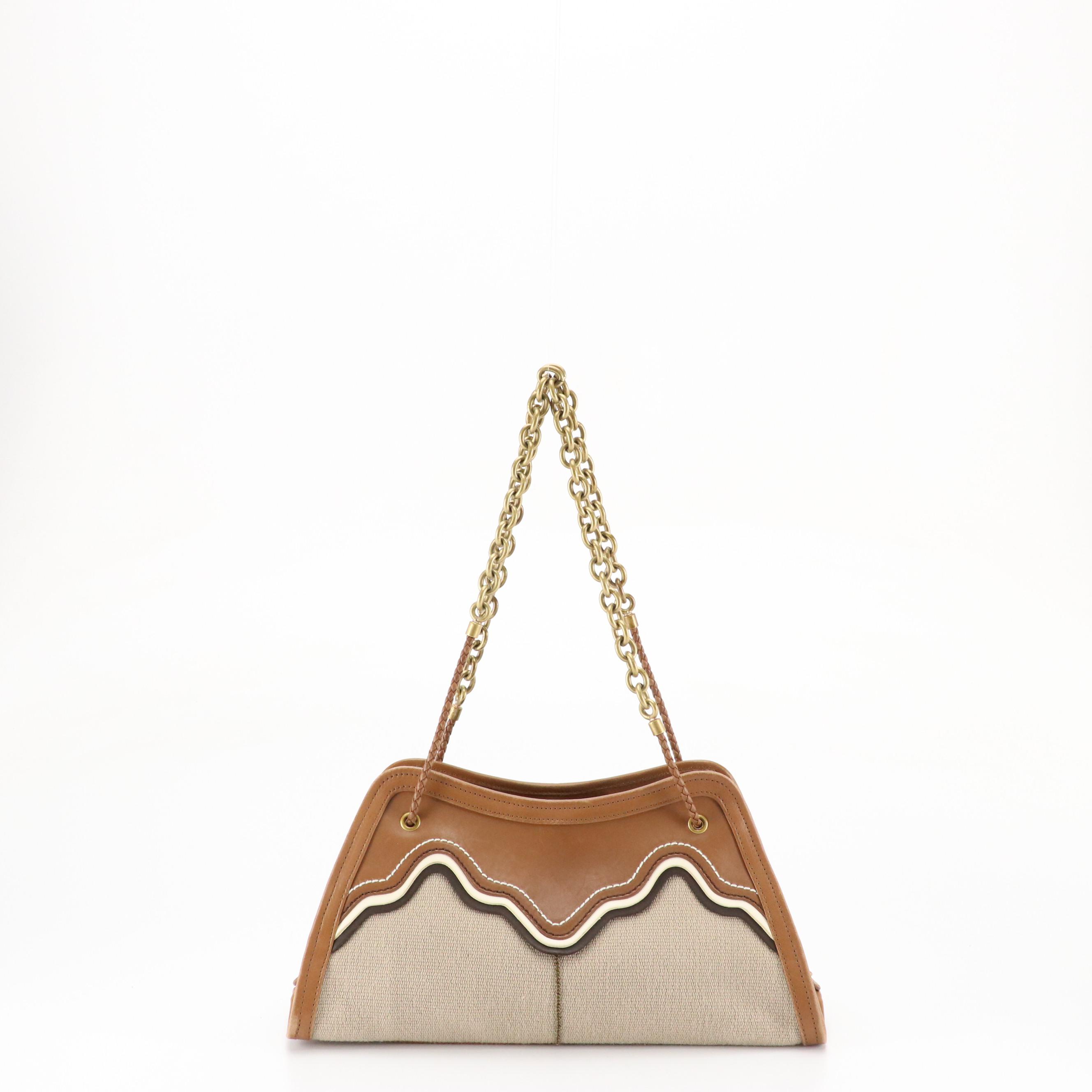 Bottega Veneta Chain Strap Bag in Beige Canvas and Tricolor Stitched Leather