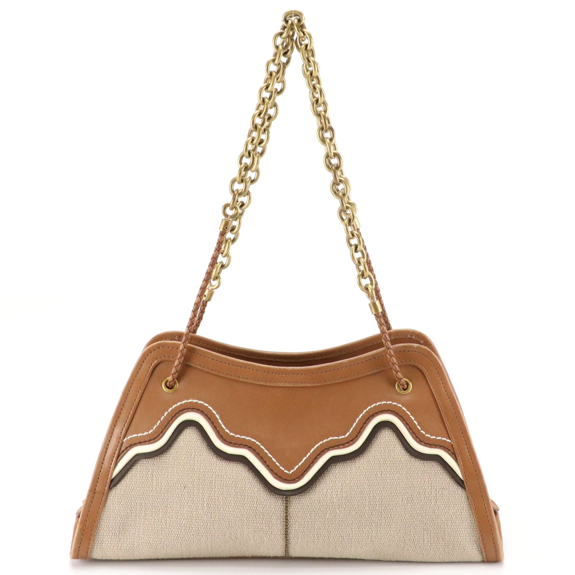 Bottega Veneta Chain Strap Bag in Beige Canvas and Tricolor Stitched Leather
