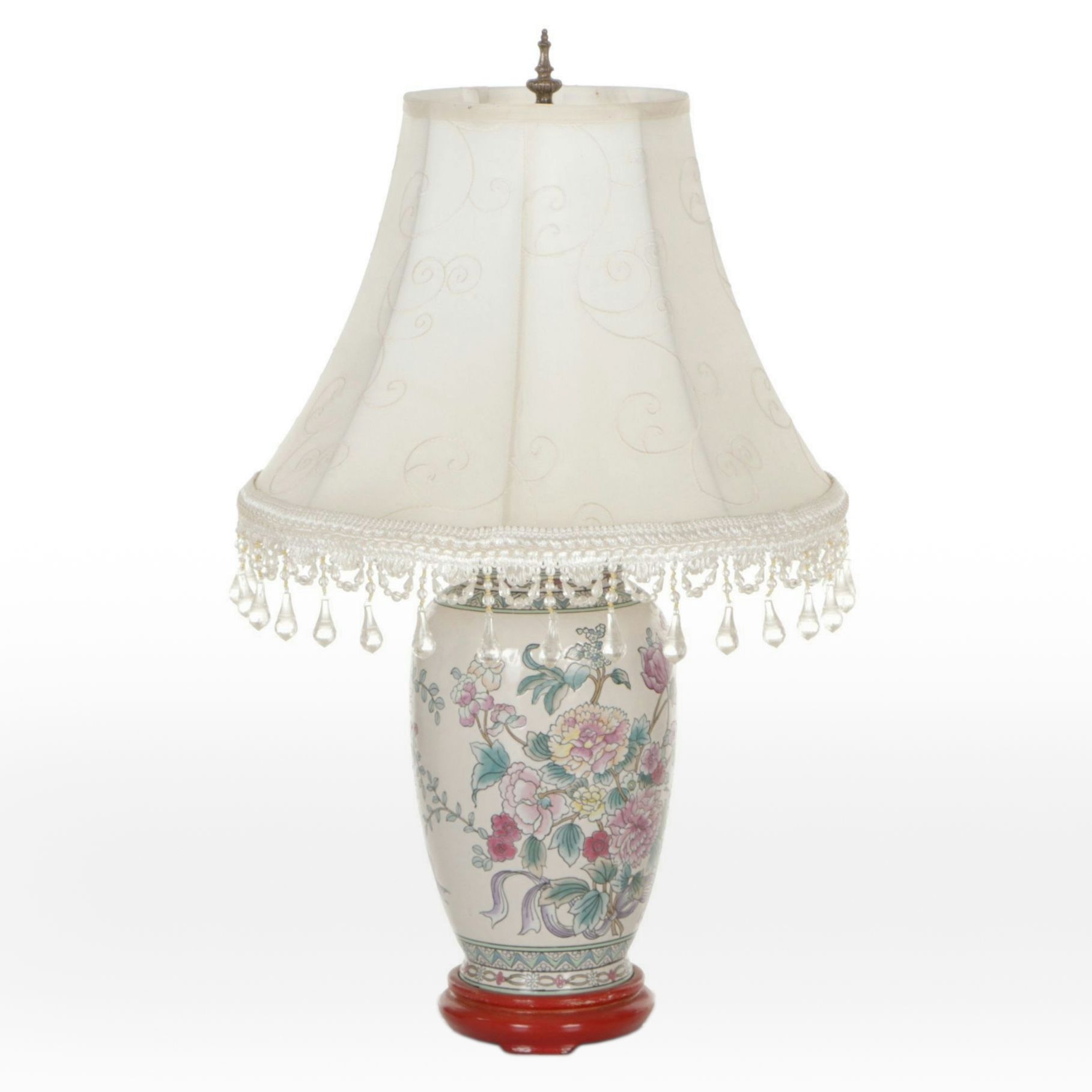 Chinese Hand-Decorated Floral Vase Table Lamp with Beaded Fringe Shade