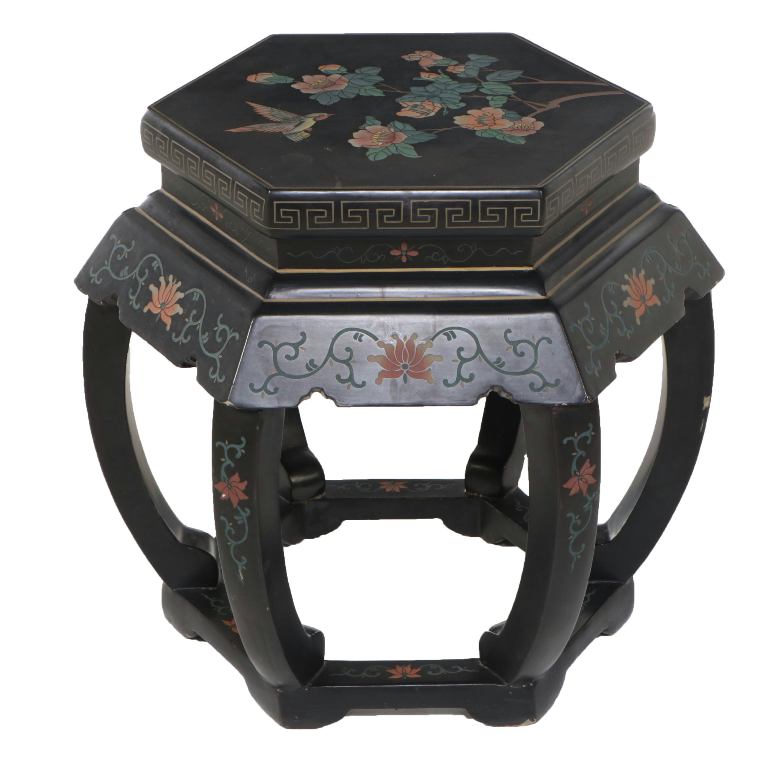 Chinese Style Floral Lacquered Wood Ottoman