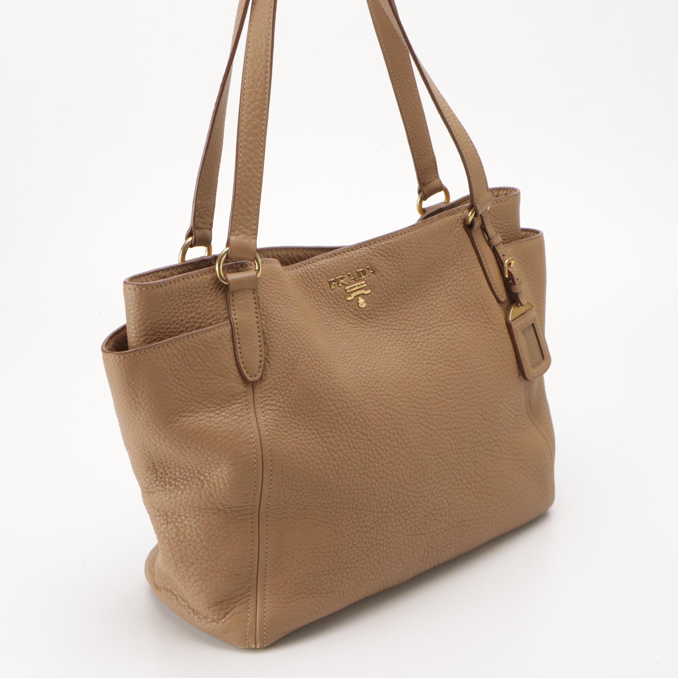 Prada Side Pocket Shoulder Tote in Sesame Brown Vitello Daino Leather