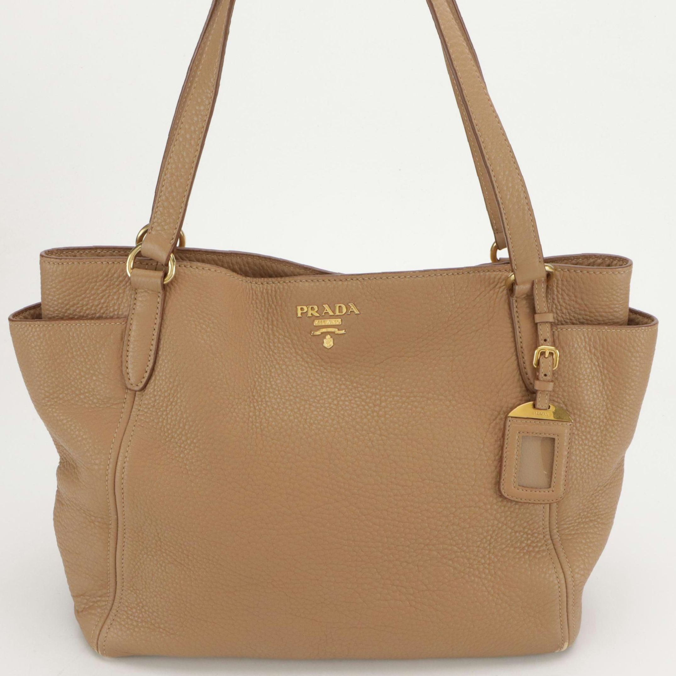 Prada Side Pocket Shoulder Tote in Sesame Brown Vitello Daino Leather