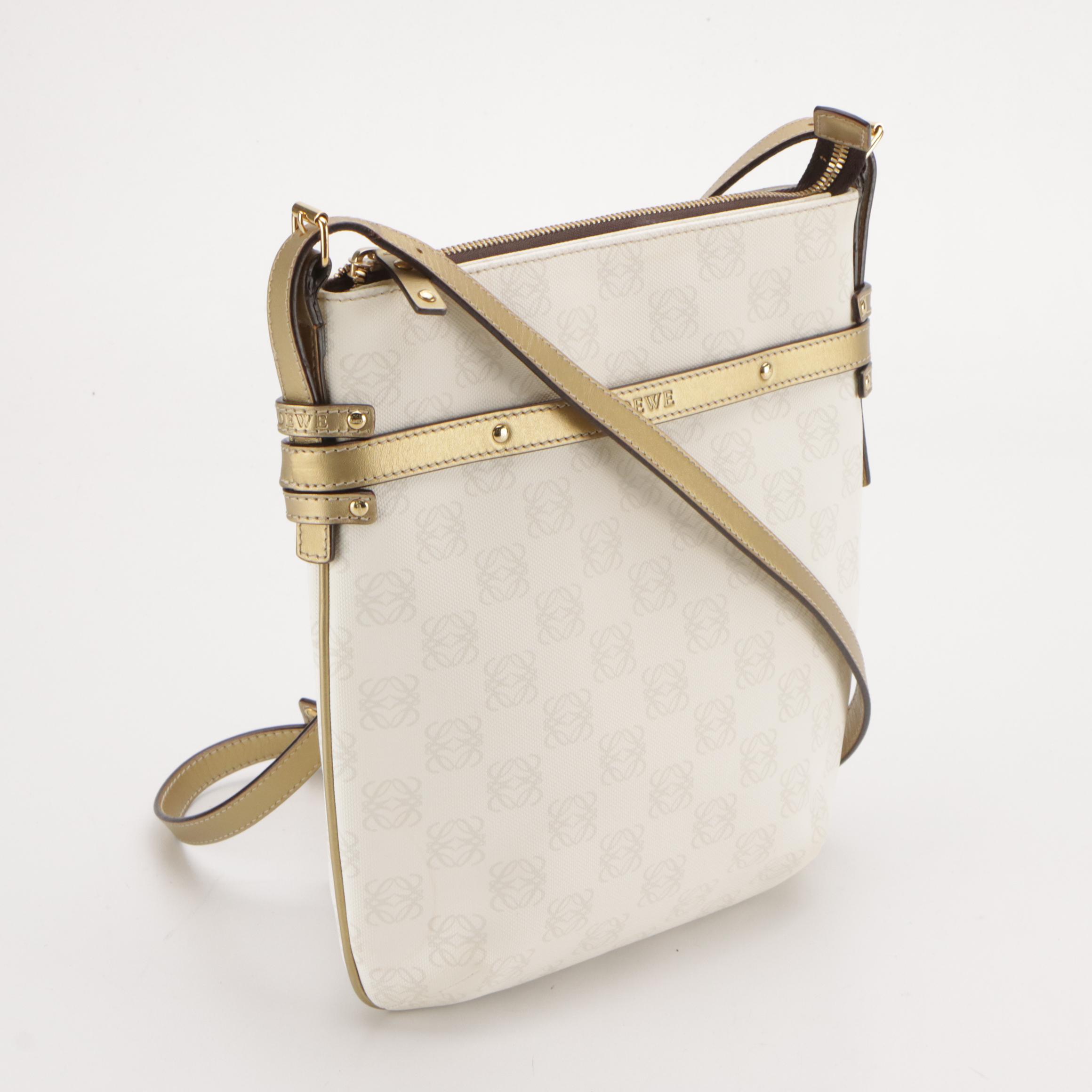 Loewe Crossbody Bag and Mini Pouch in White/Gray Anagram Canvas & Gold Leather