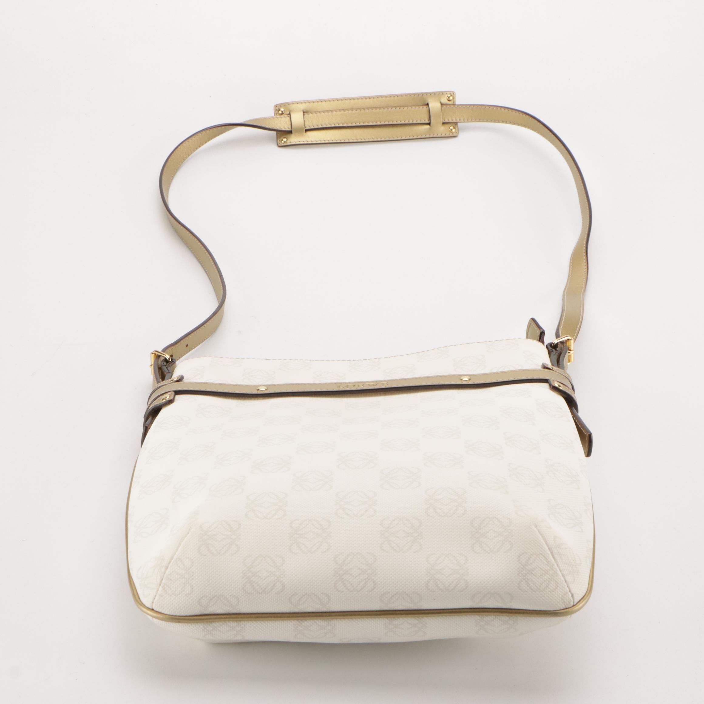 Loewe Crossbody Bag and Mini Pouch in White/Gray Anagram Canvas & Gold Leather