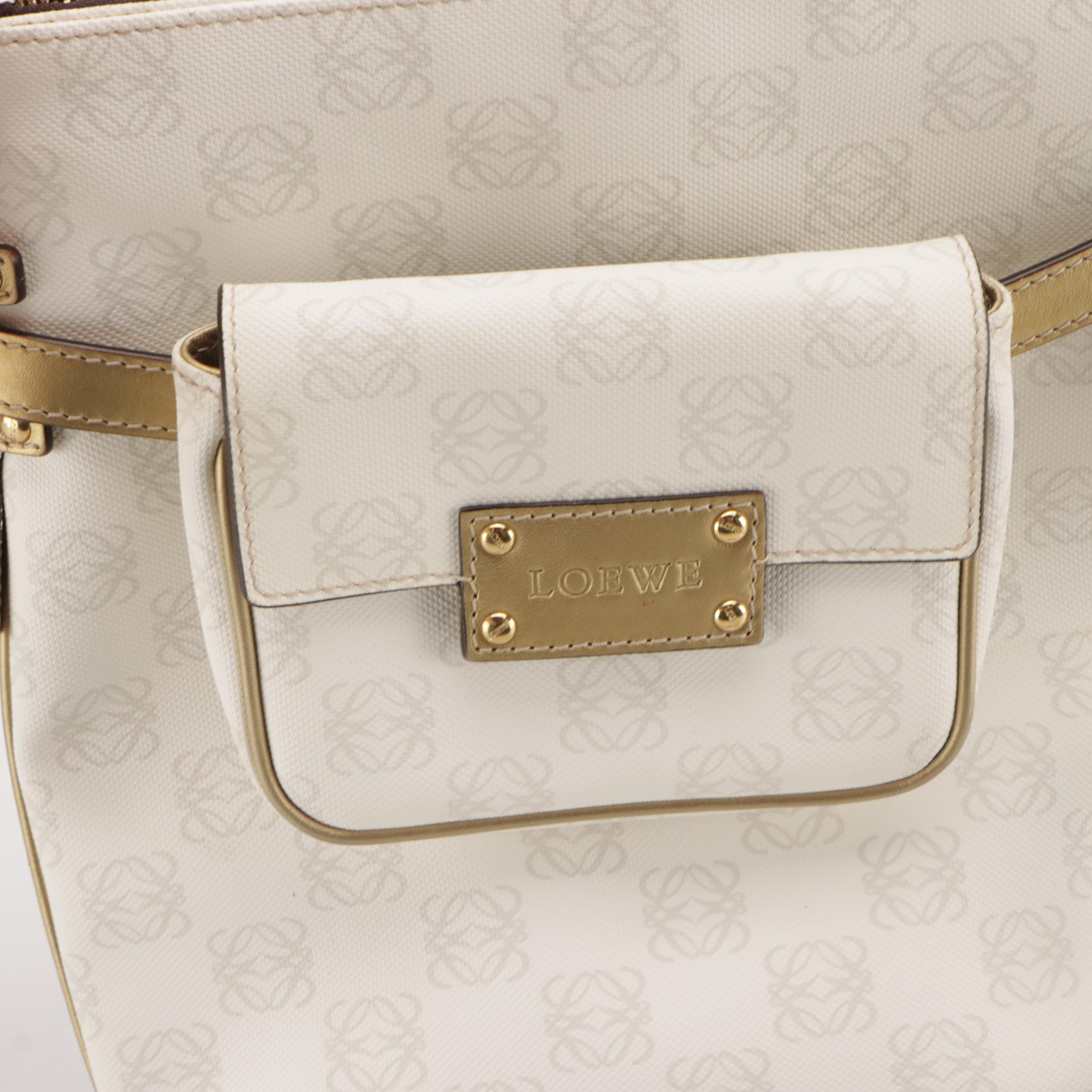 Loewe Crossbody Bag and Mini Pouch in White/Gray Anagram Canvas & Gold Leather