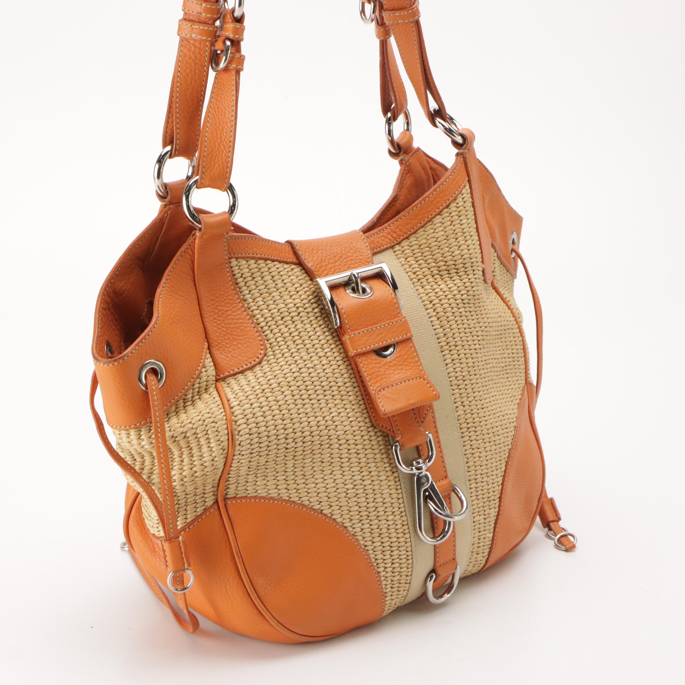 Prada Hobo Shoulder Satchel in Orange Leather-Trimmed Raffia