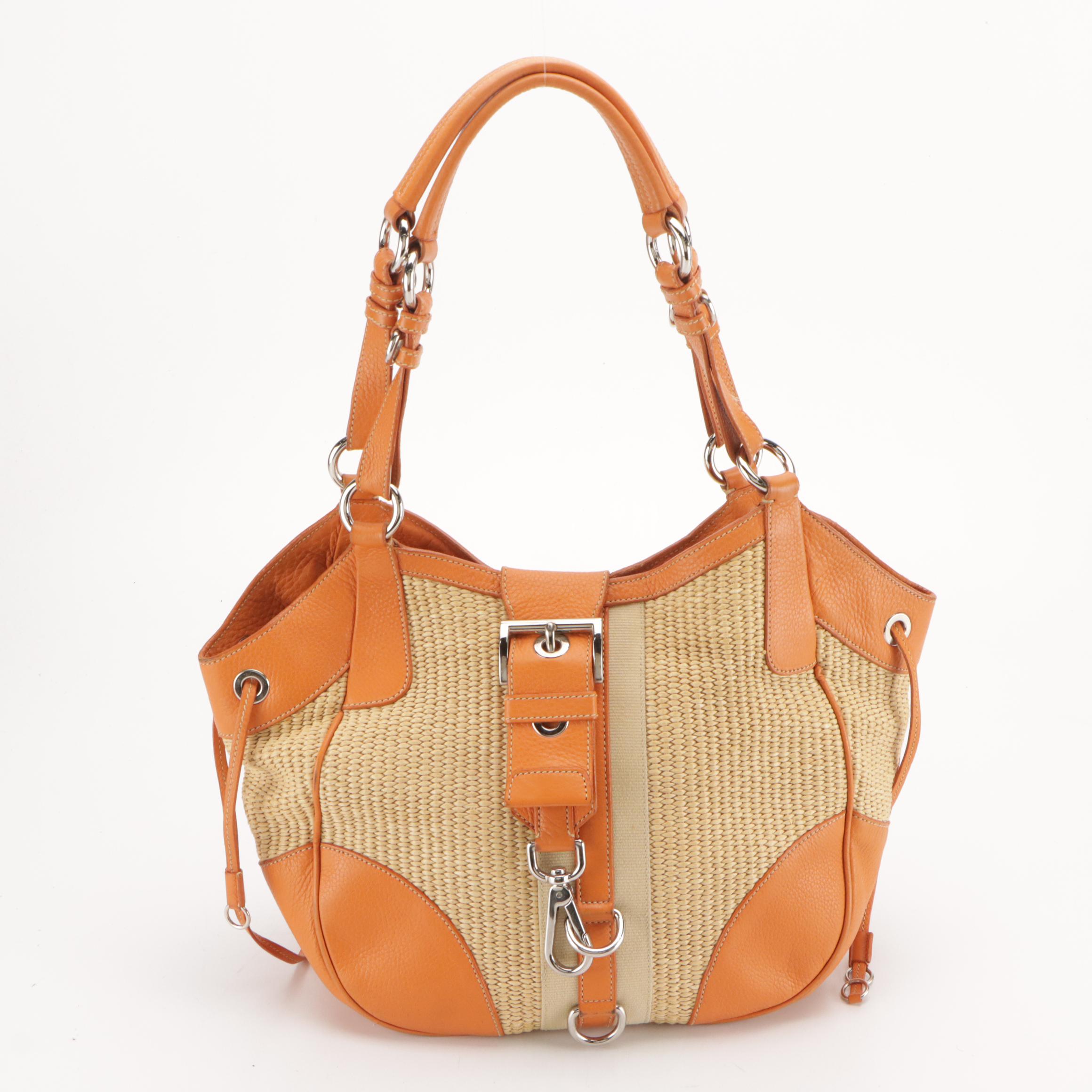 Prada Hobo Shoulder Satchel in Orange Leather-Trimmed Raffia