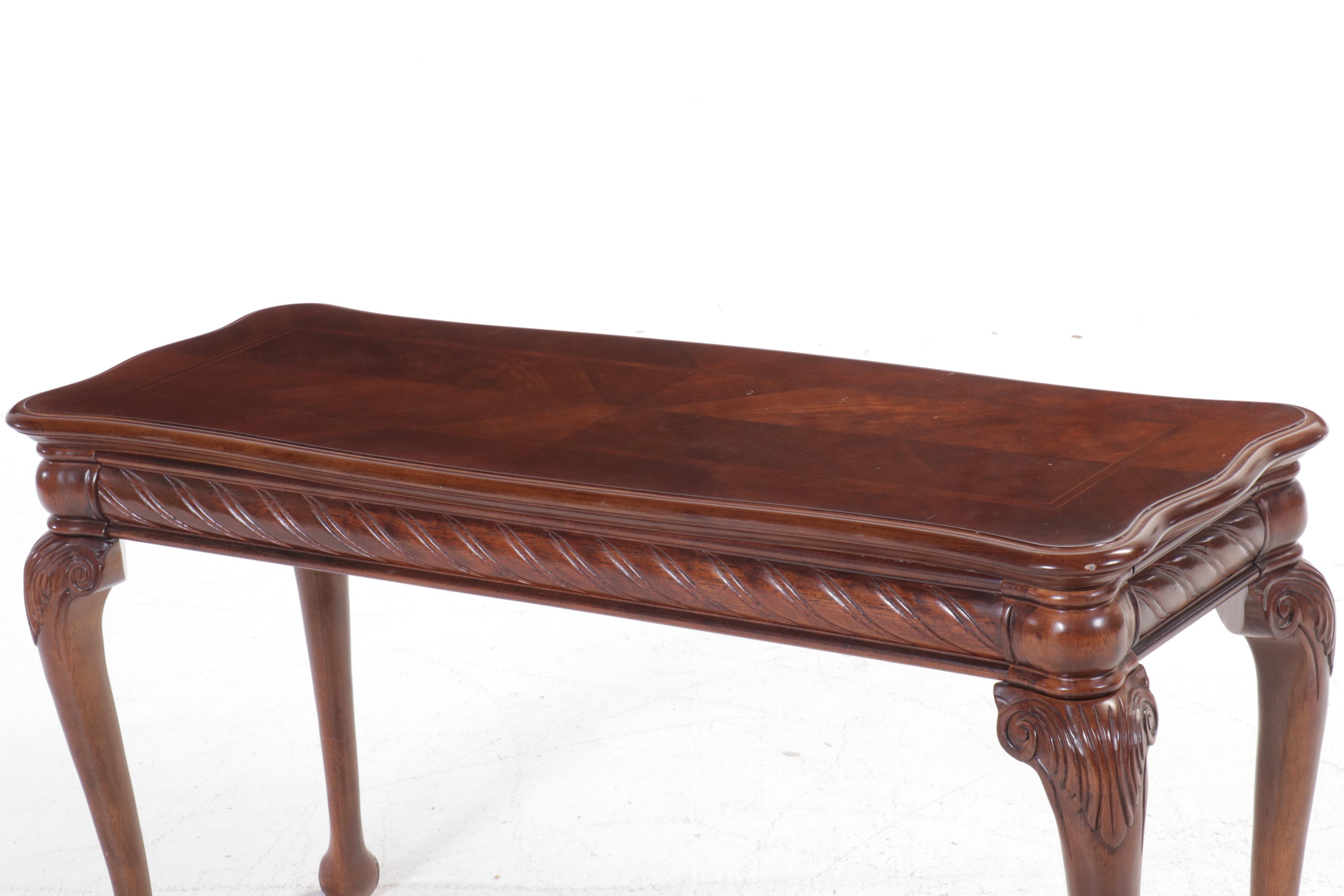 Pair of Queen Anne Style Ottomans with Mahogany Sofa Table