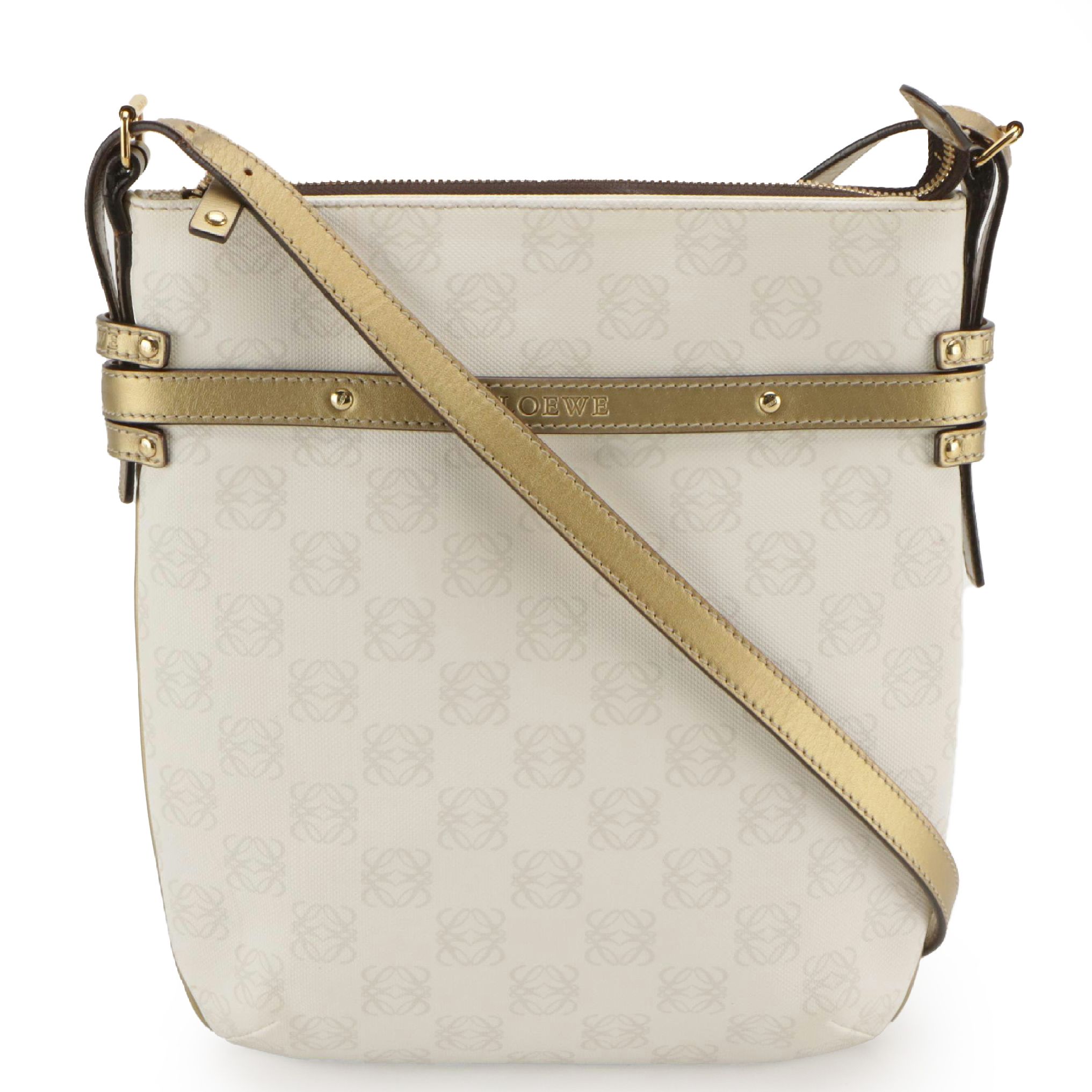 Loewe Crossbody Bag and Mini Pouch in White/Gray Anagram Canvas & Gold Leather