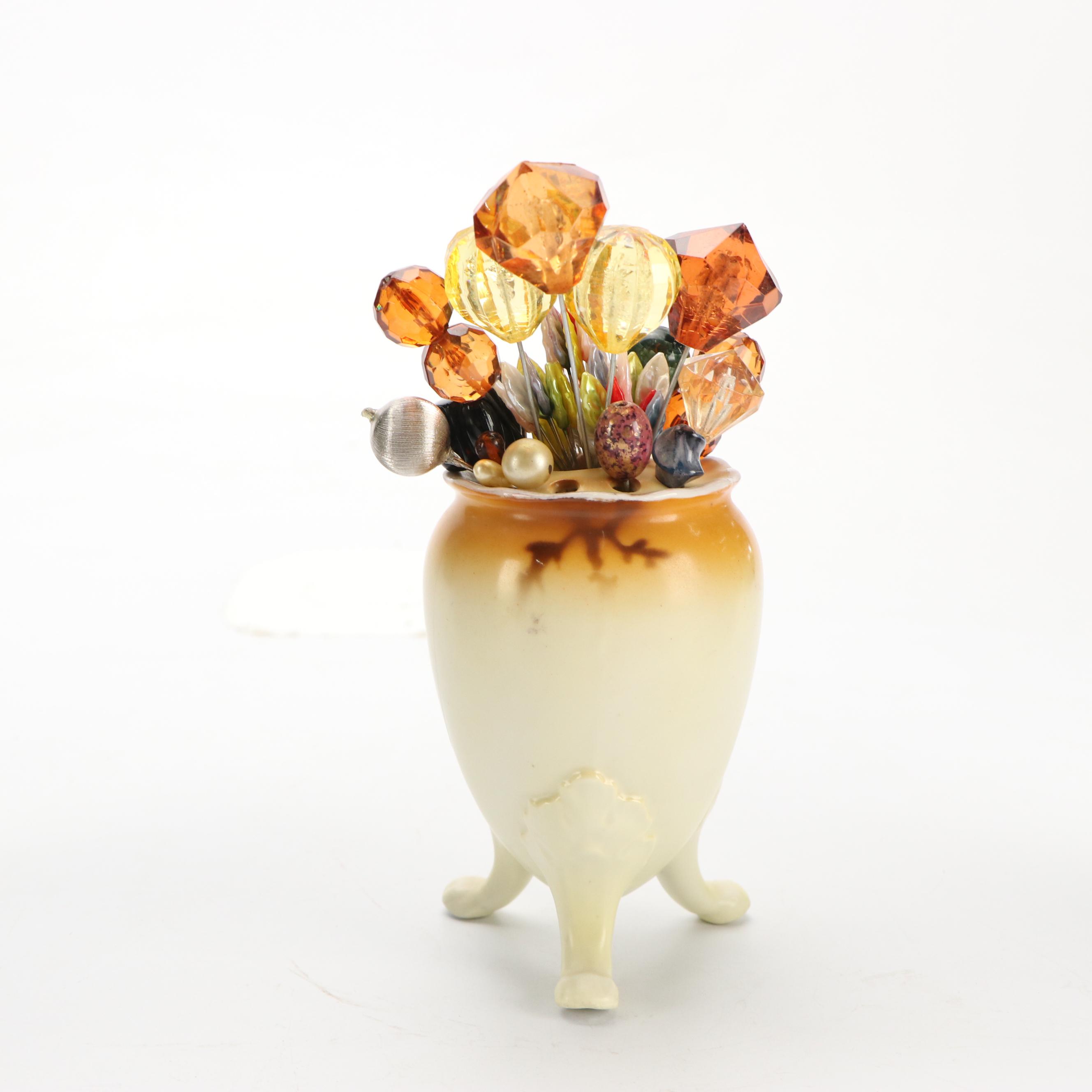 Edwardian Style Ceramic Hatpin Holder with Assortment of Pins, 20th Century