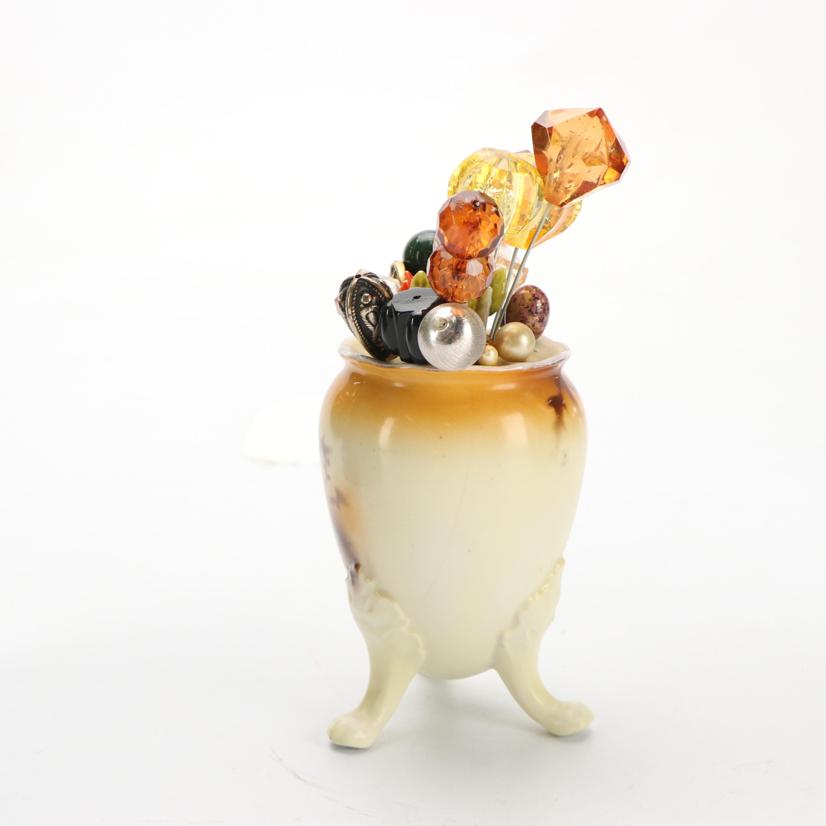 Edwardian Style Ceramic Hatpin Holder with Assortment of Pins, 20th Century