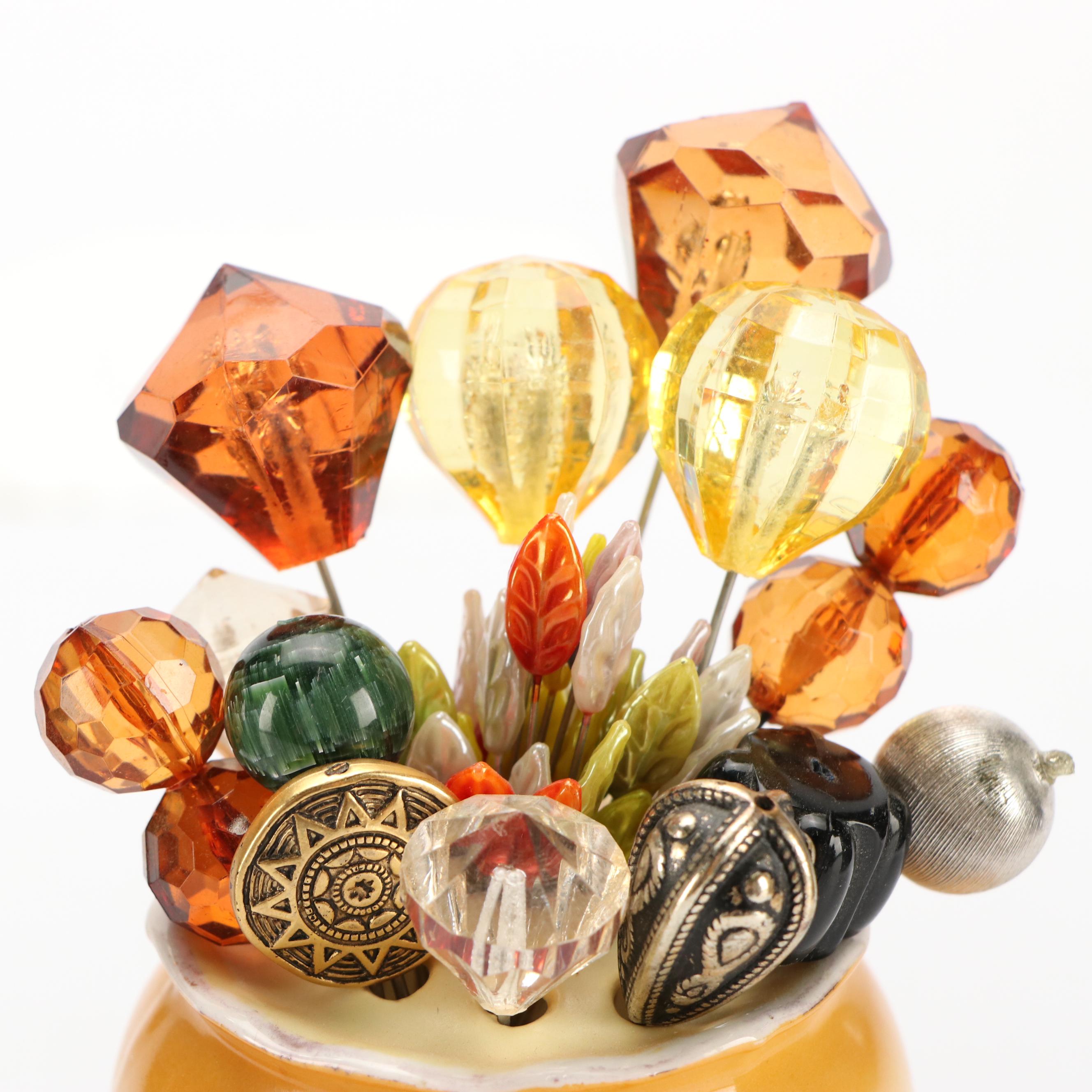 Edwardian Style Ceramic Hatpin Holder with Assortment of Pins, 20th Century