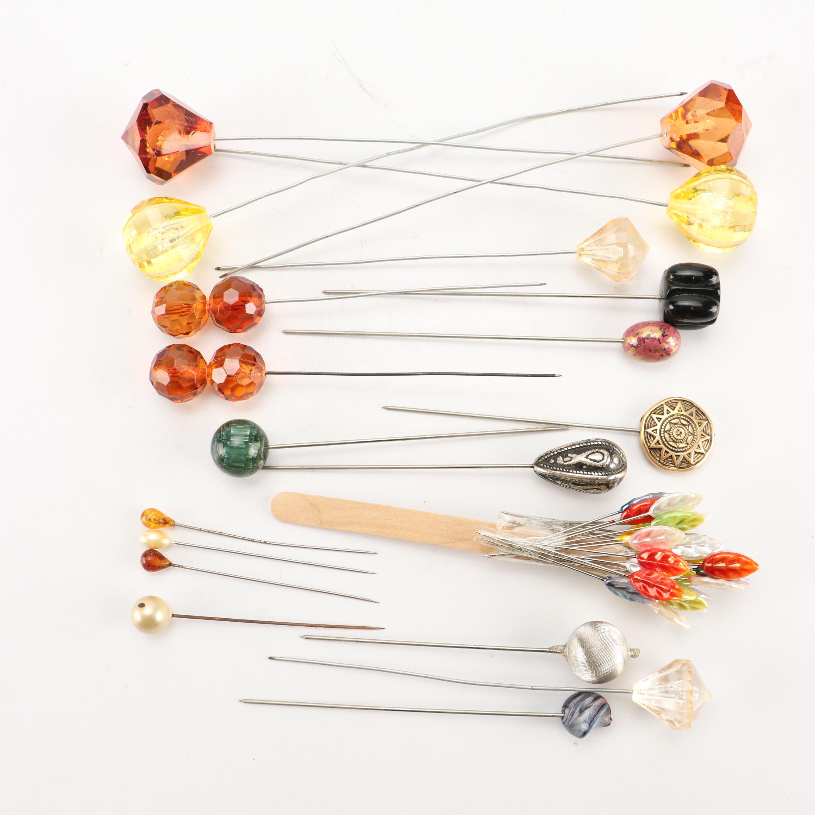 Edwardian Style Ceramic Hatpin Holder with Assortment of Pins, 20th Century