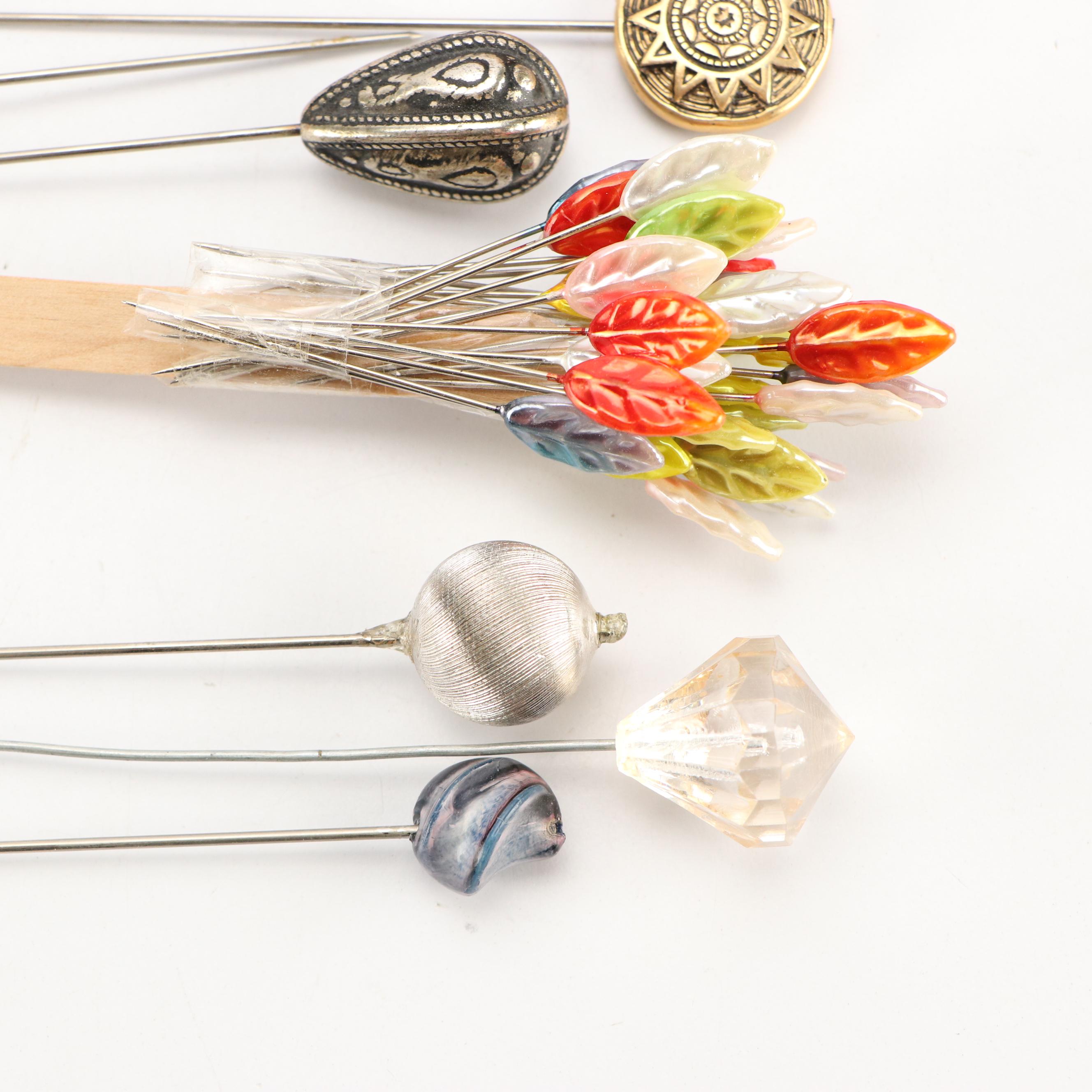 Edwardian Style Ceramic Hatpin Holder with Assortment of Pins, 20th Century