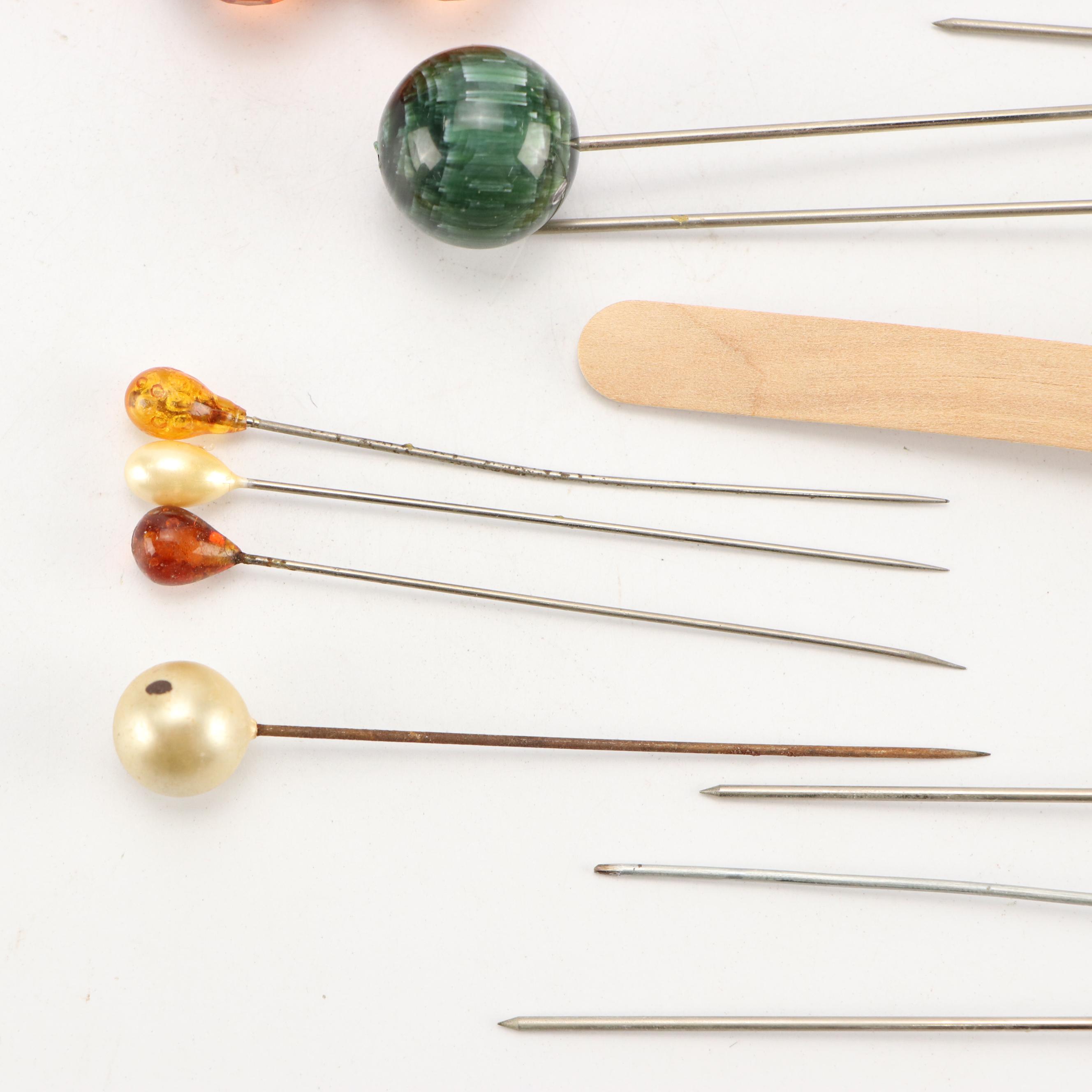 Edwardian Style Ceramic Hatpin Holder with Assortment of Pins, 20th Century