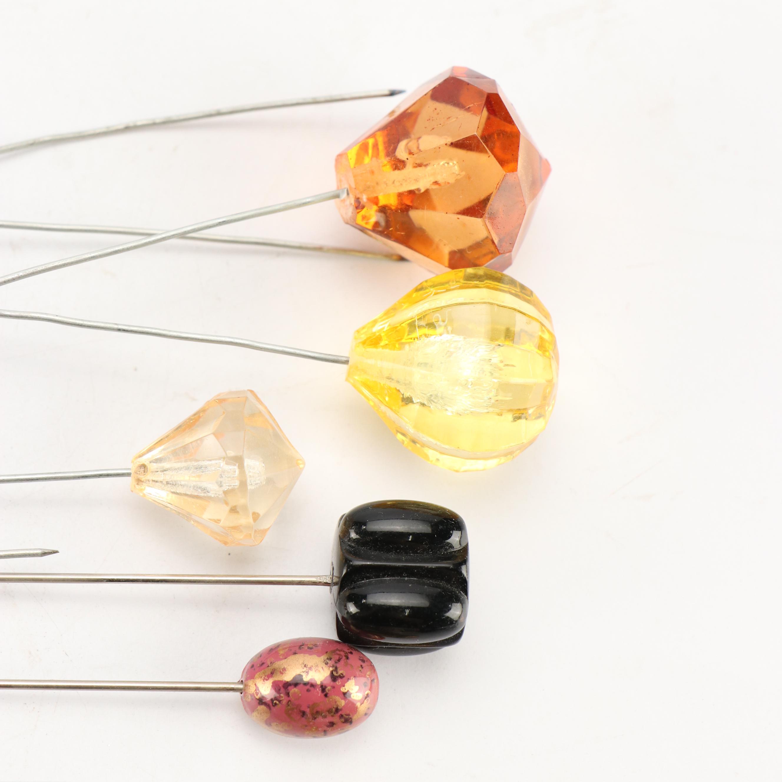 Edwardian Style Ceramic Hatpin Holder with Assortment of Pins, 20th Century