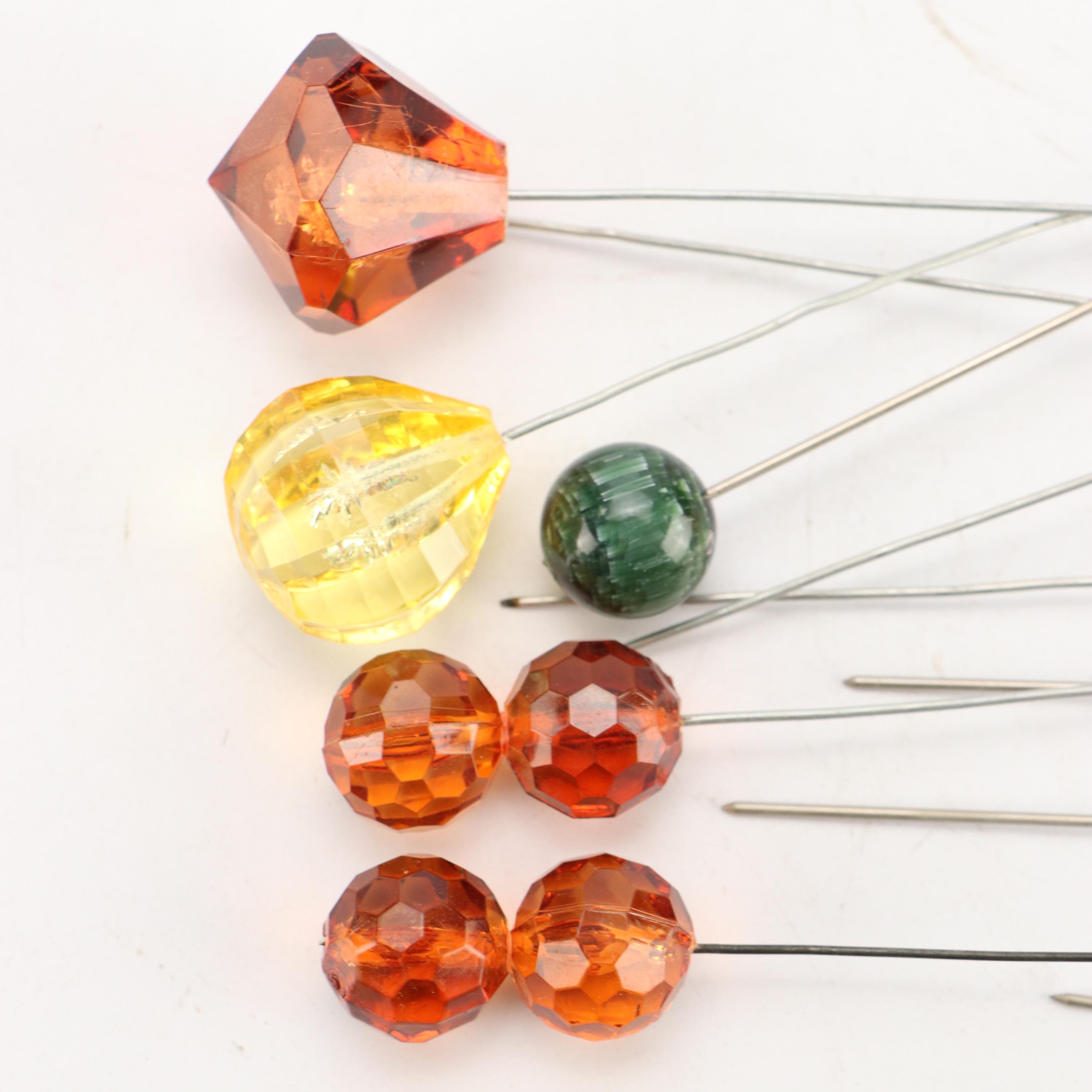 Edwardian Style Ceramic Hatpin Holder with Assortment of Pins, 20th Century