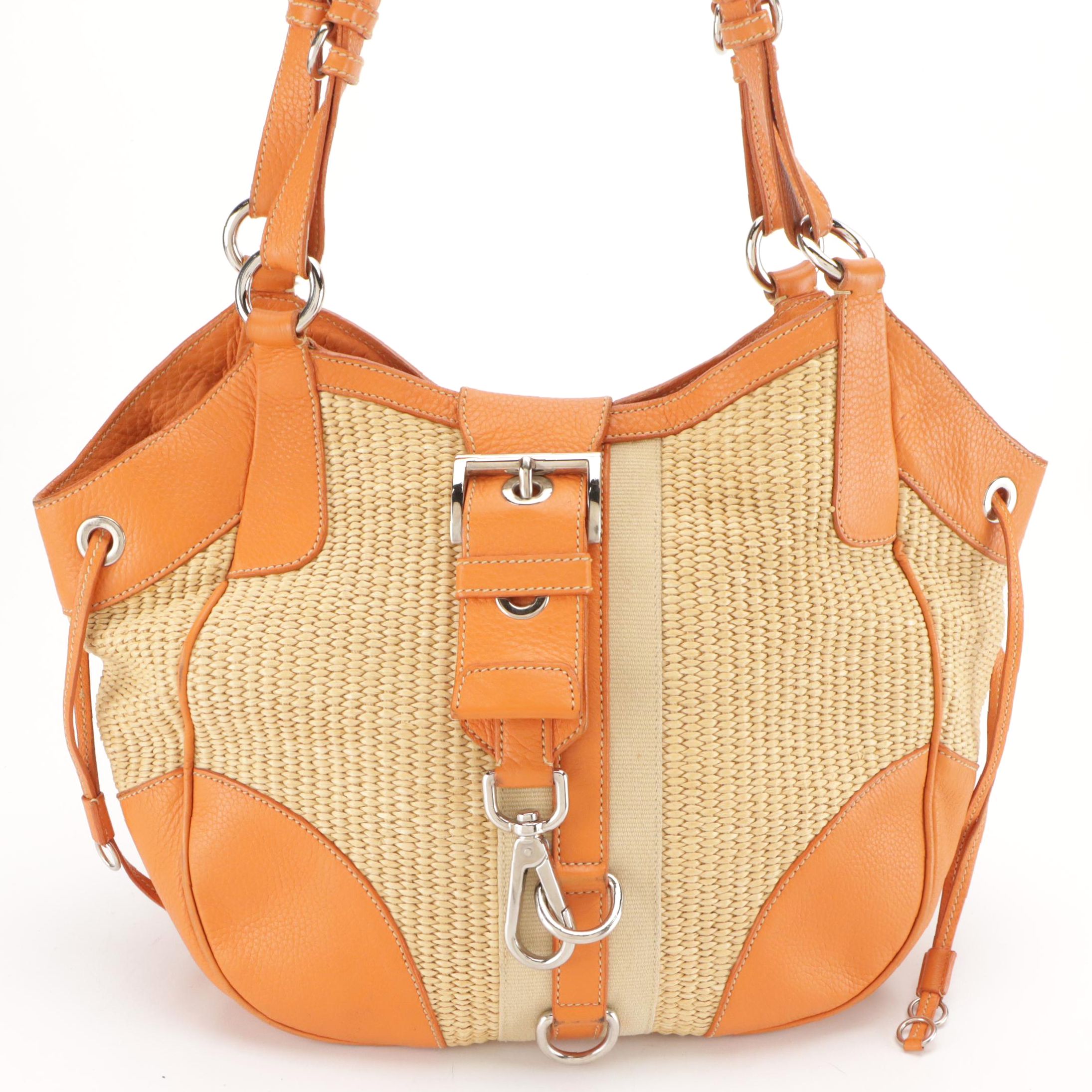 Prada Hobo Shoulder Satchel in Orange Leather-Trimmed Raffia