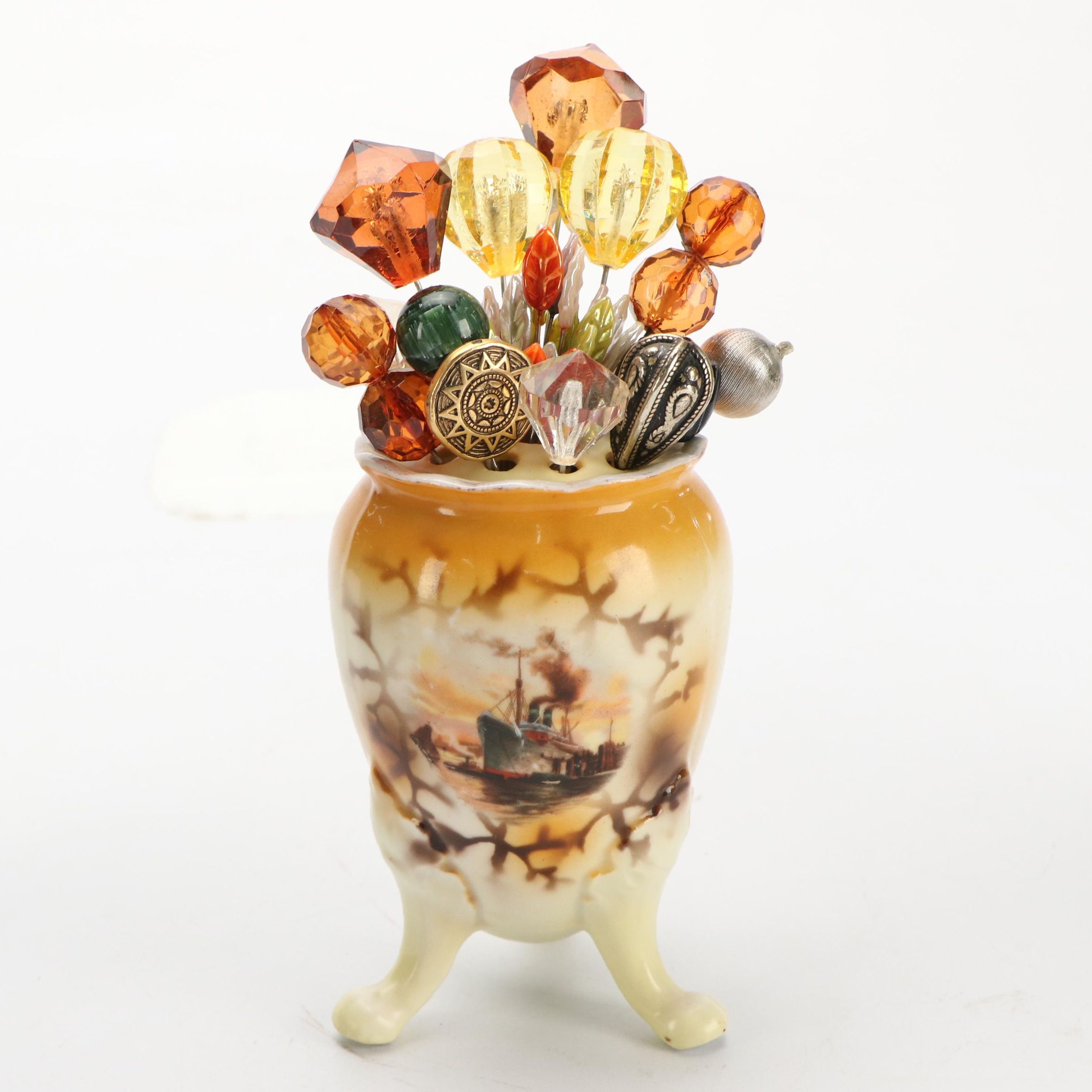 Edwardian Style Ceramic Hatpin Holder with Assortment of Pins, 20th Century