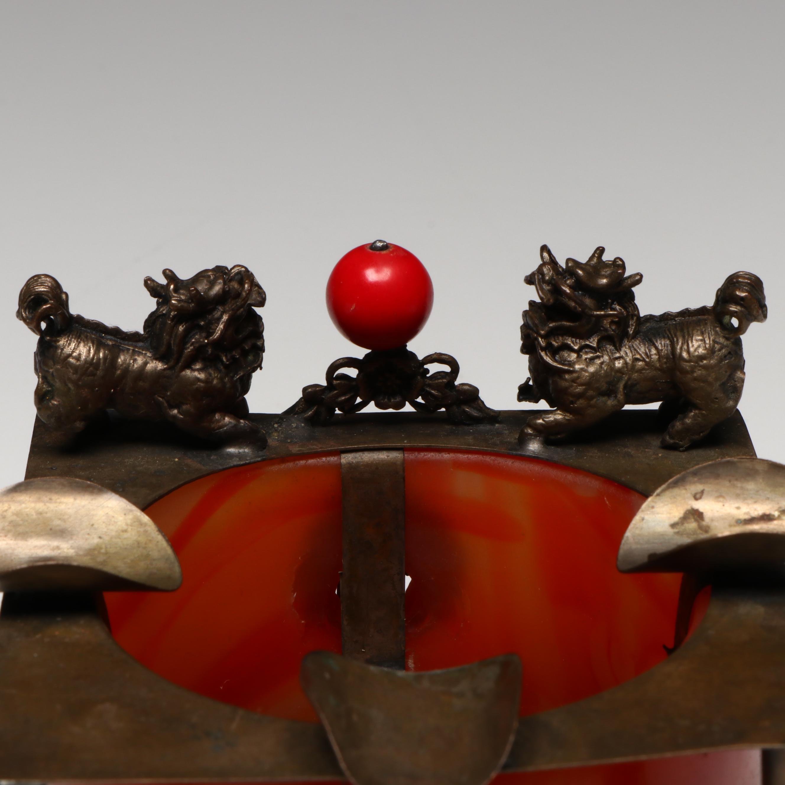 Chinese Red Glass and Brass Guardian Lion Ashtray
