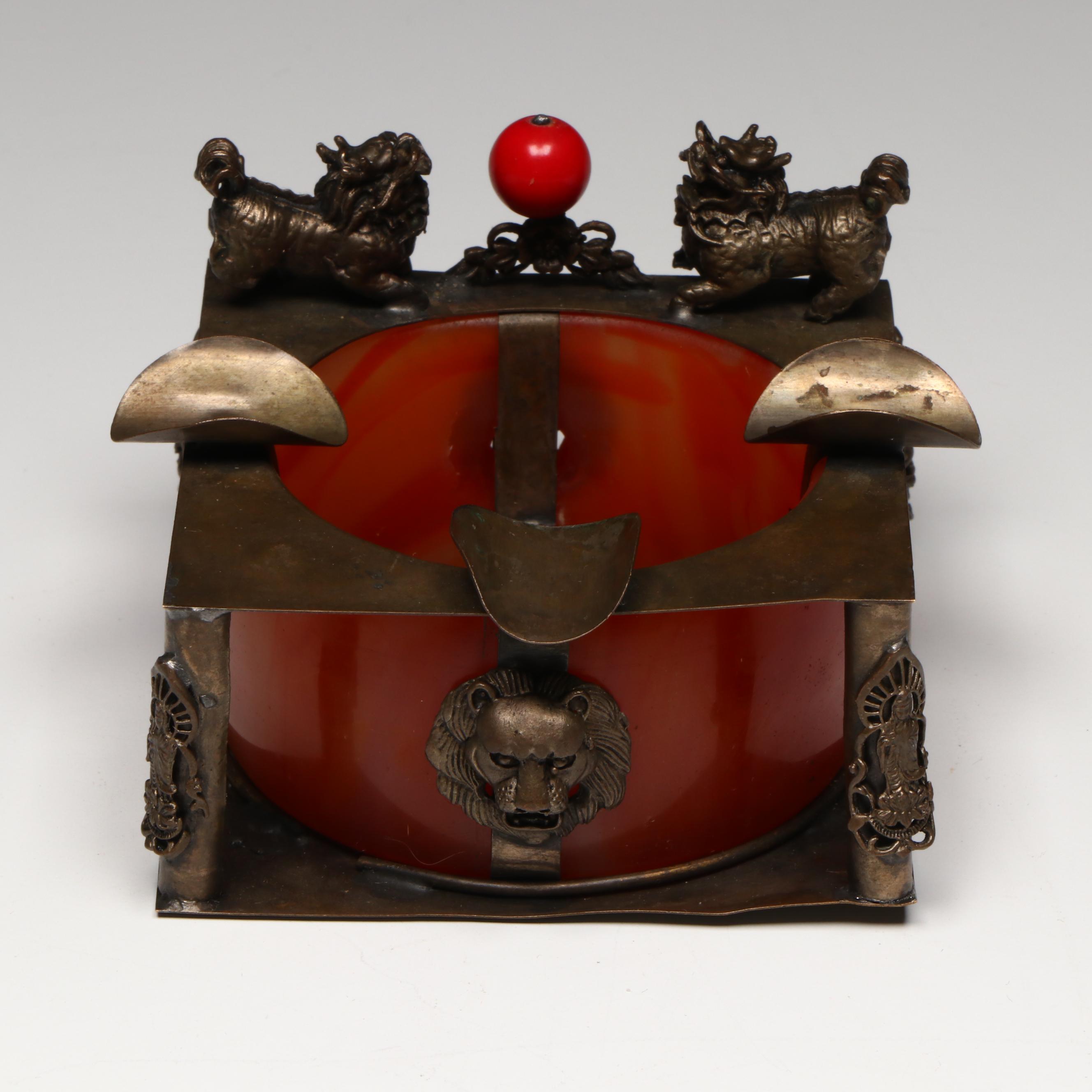 Chinese Red Glass and Brass Guardian Lion Ashtray