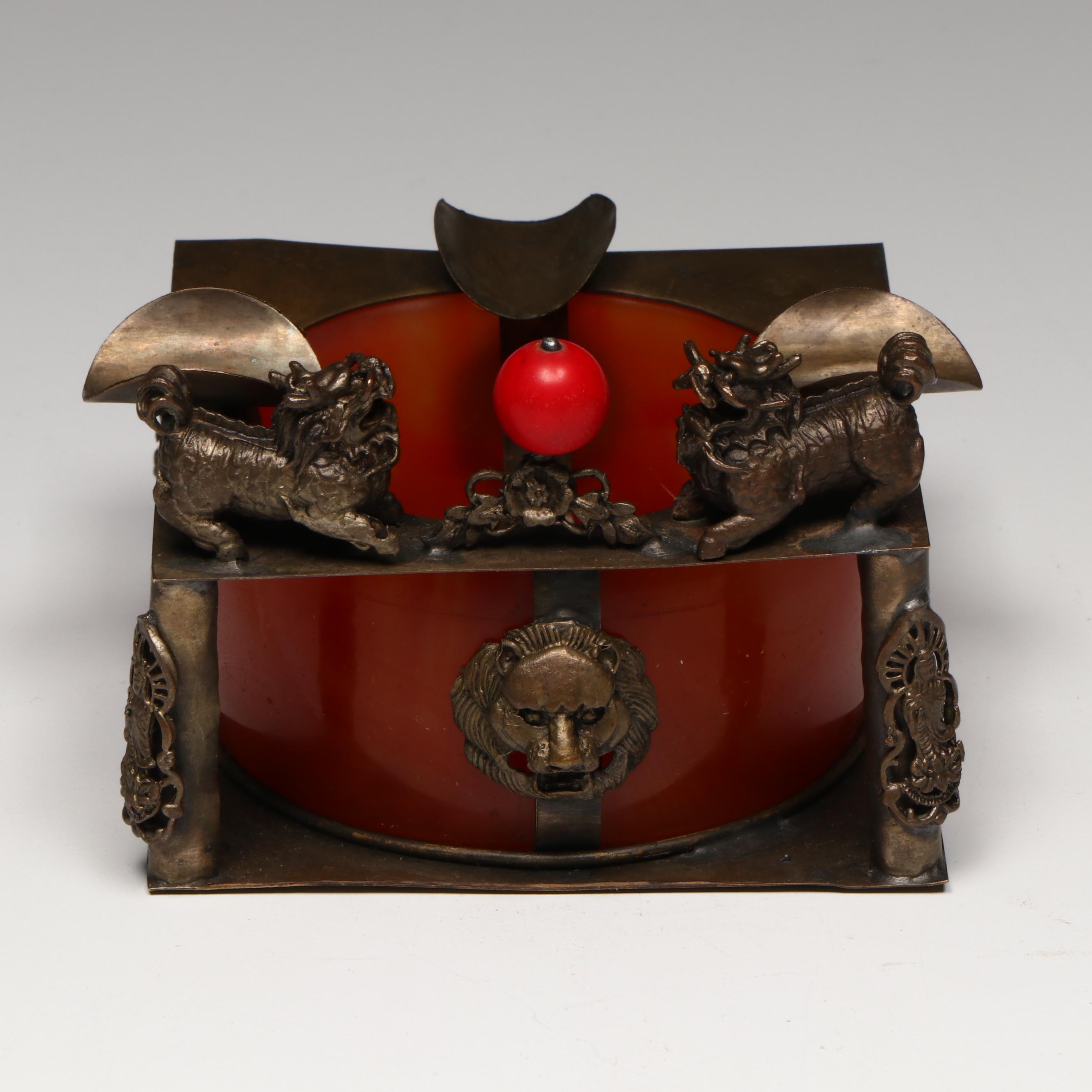 Chinese Red Glass and Brass Guardian Lion Ashtray
