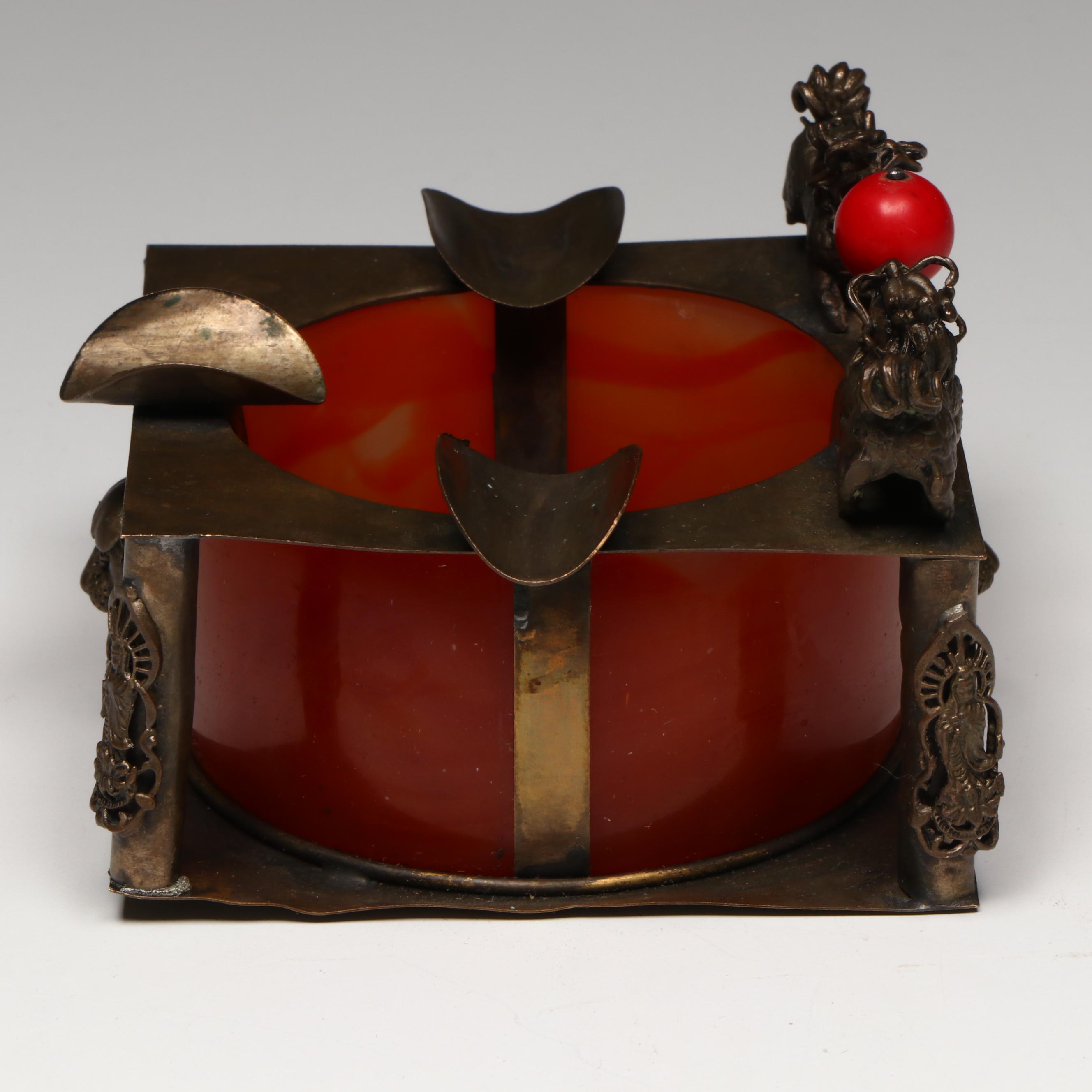 Chinese Red Glass and Brass Guardian Lion Ashtray