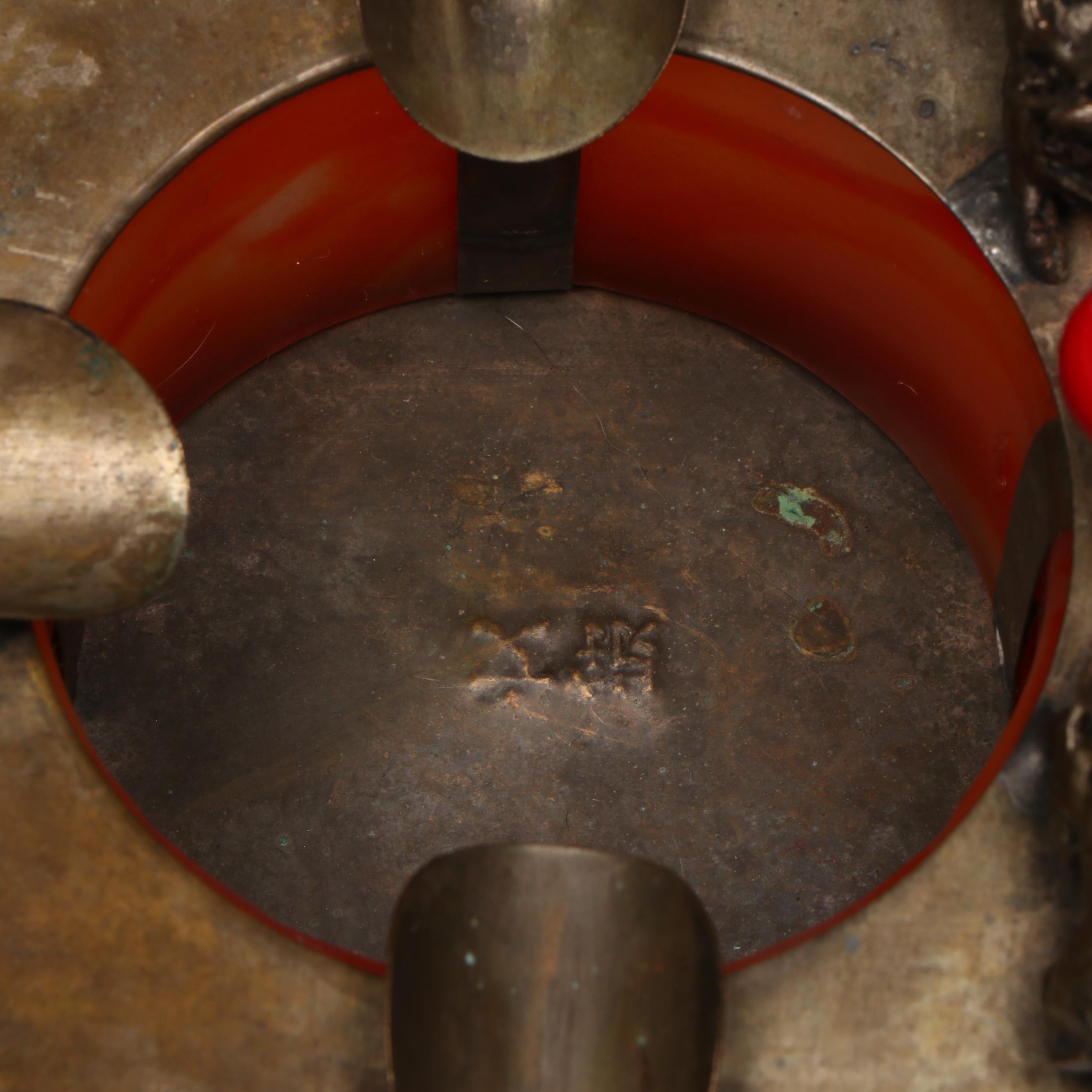 Chinese Red Glass and Brass Guardian Lion Ashtray