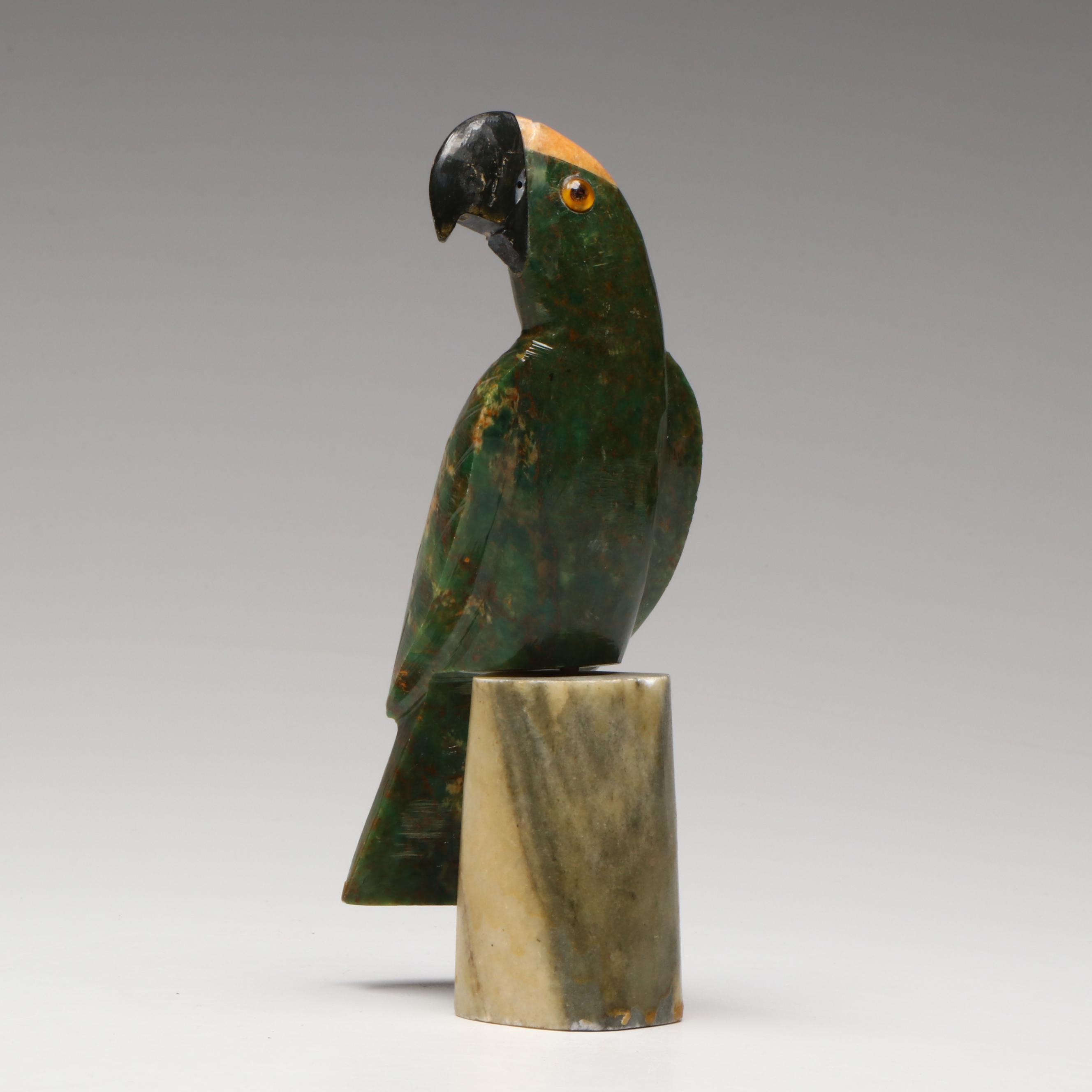 Carved Serpentine and Calcite Parrot on Marble Base