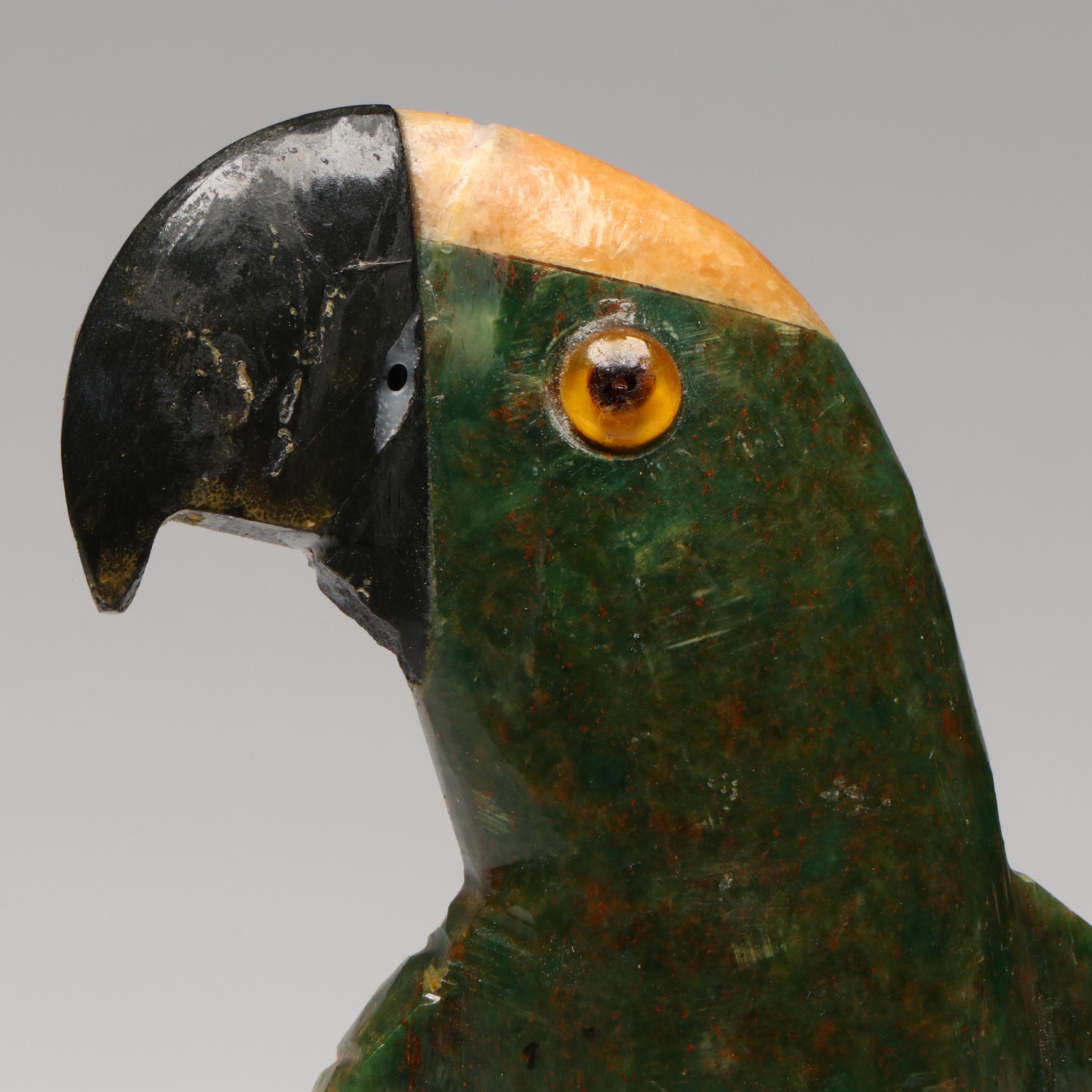 Carved Serpentine and Calcite Parrot on Marble Base