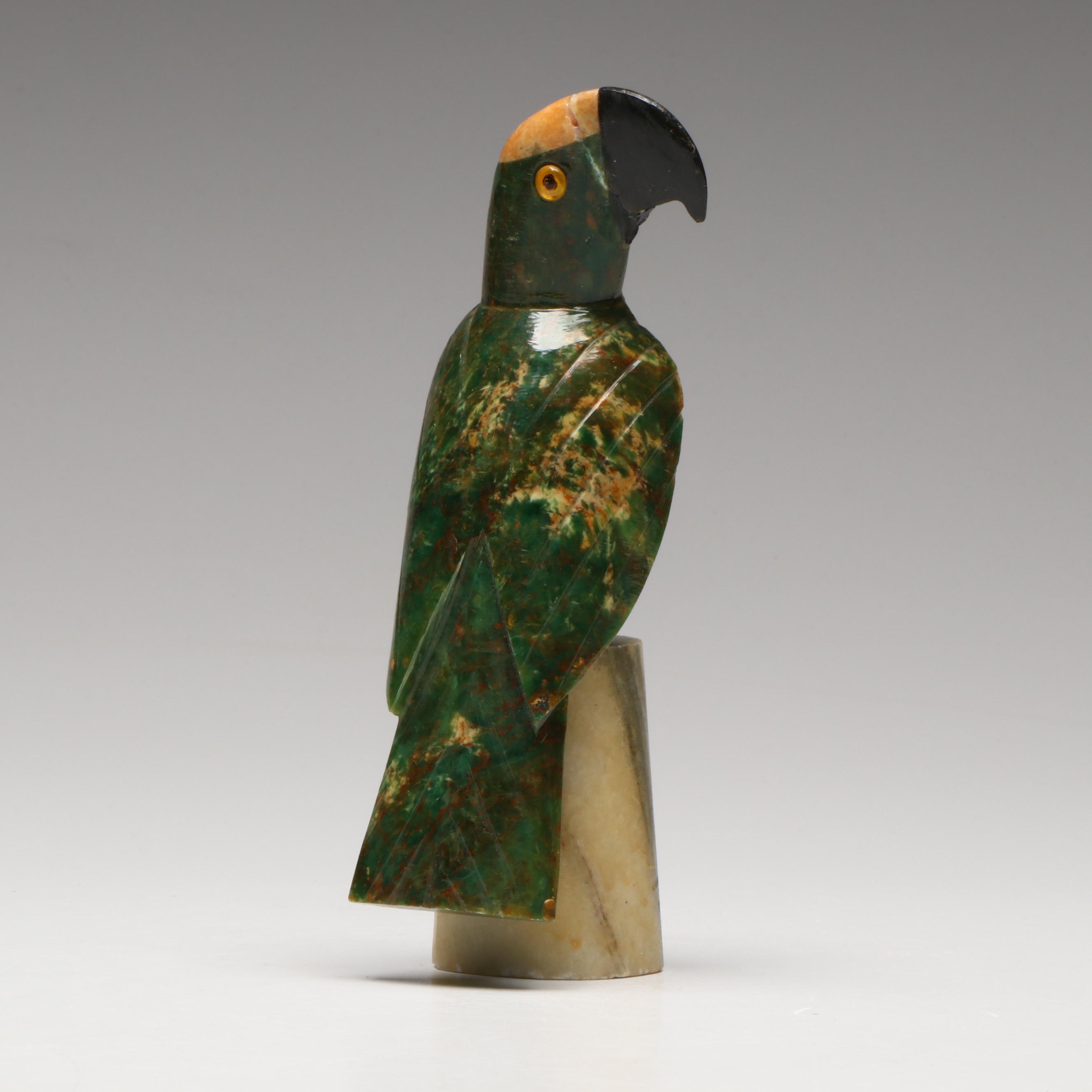 Carved Serpentine and Calcite Parrot on Marble Base