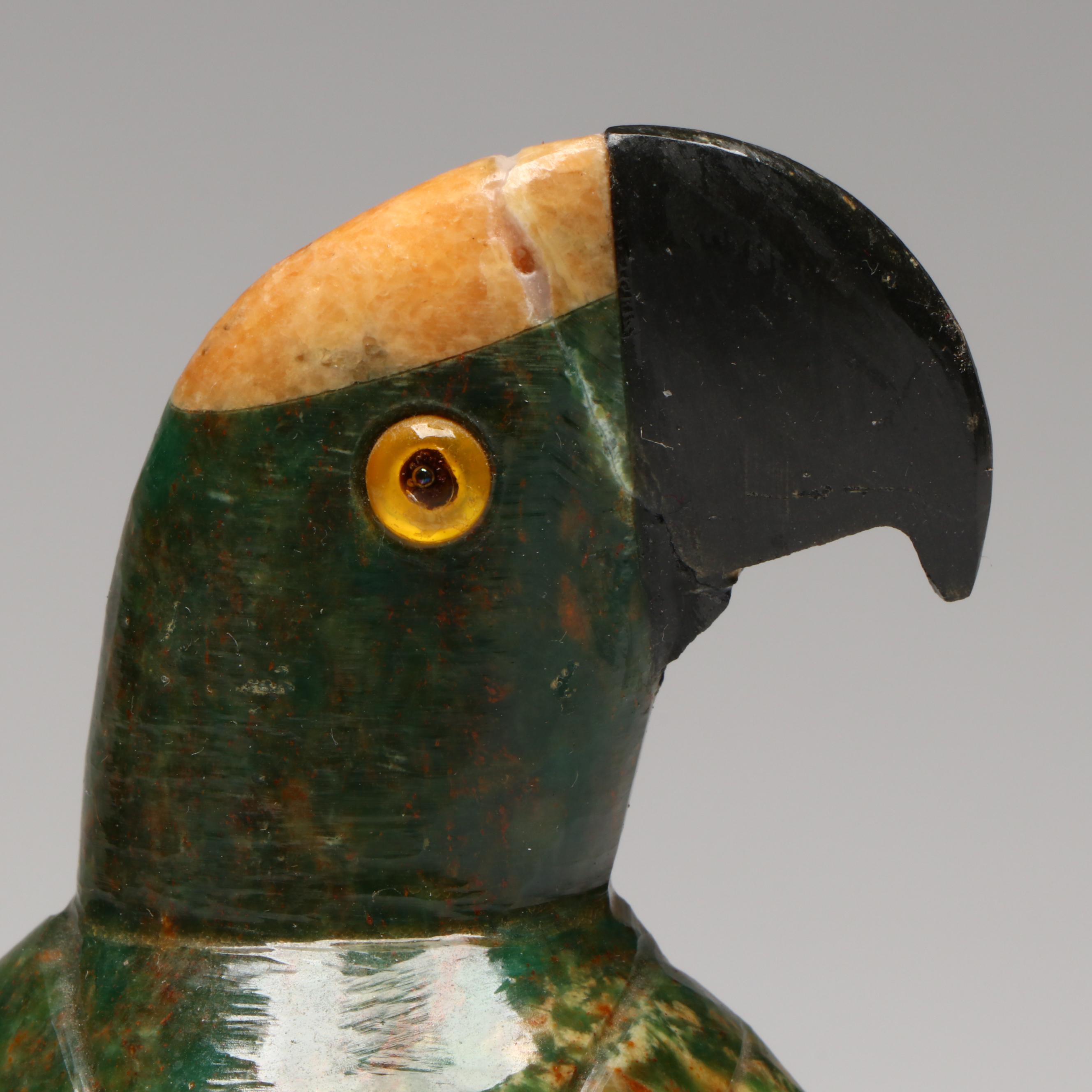 Carved Serpentine and Calcite Parrot on Marble Base