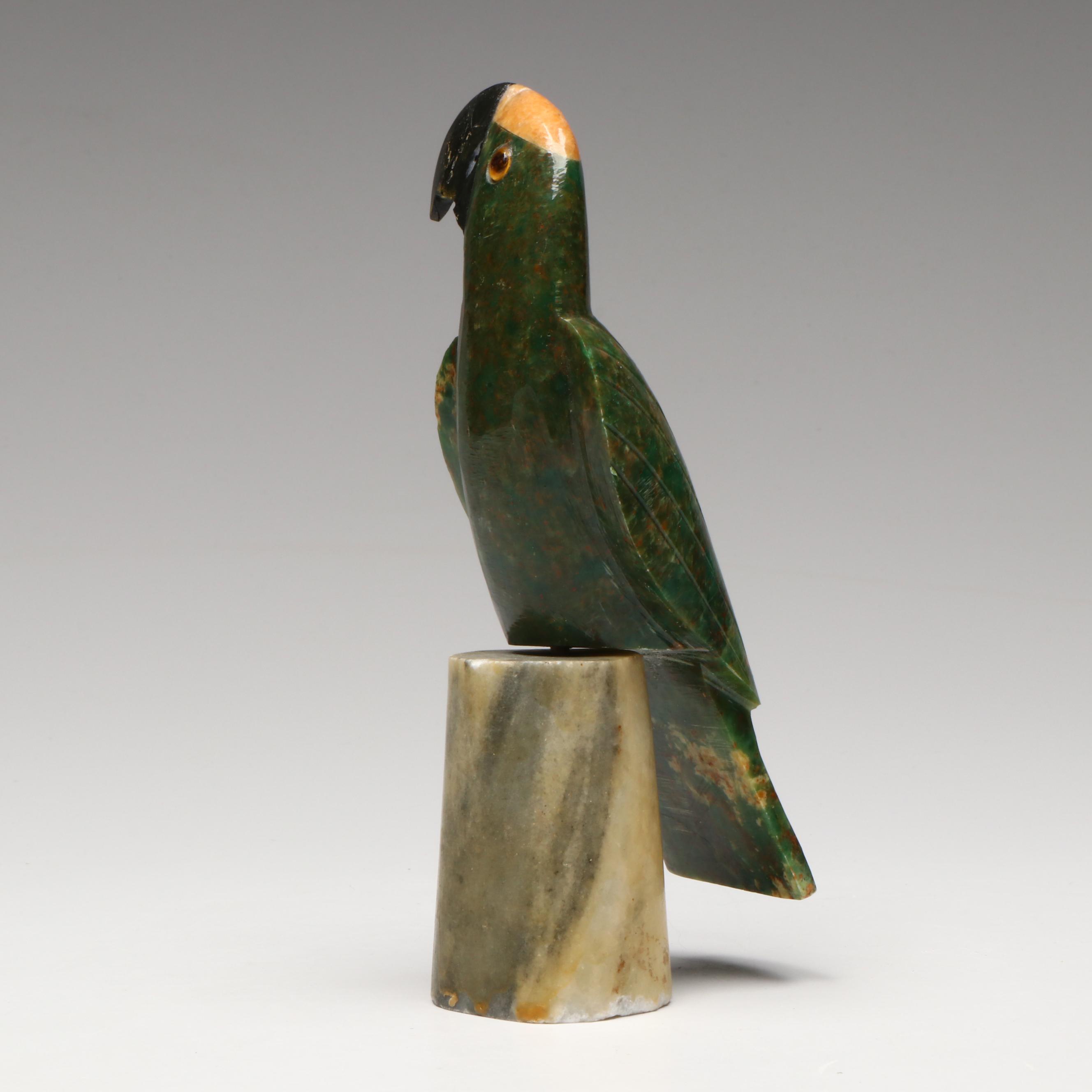 Carved Serpentine and Calcite Parrot on Marble Base