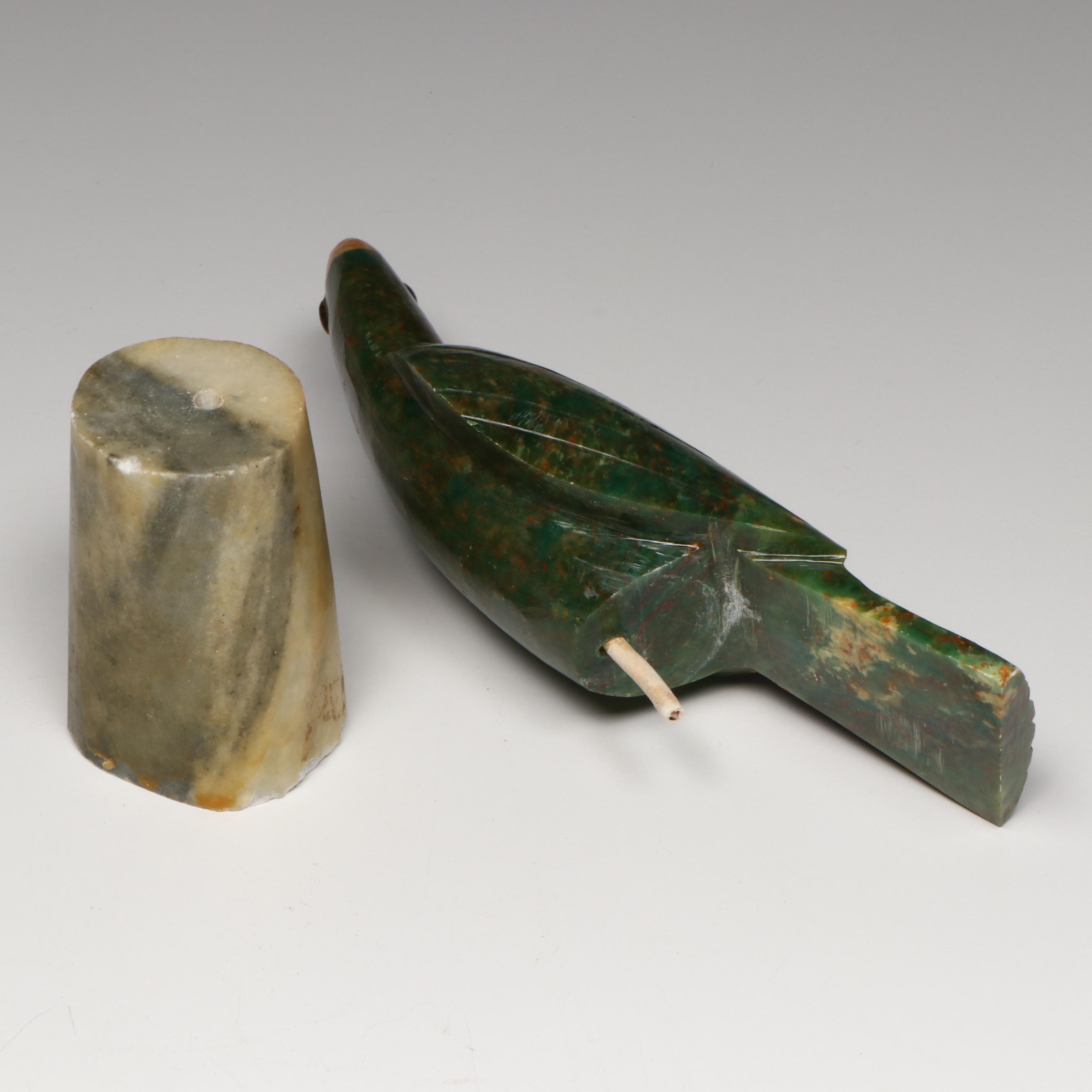 Carved Serpentine and Calcite Parrot on Marble Base