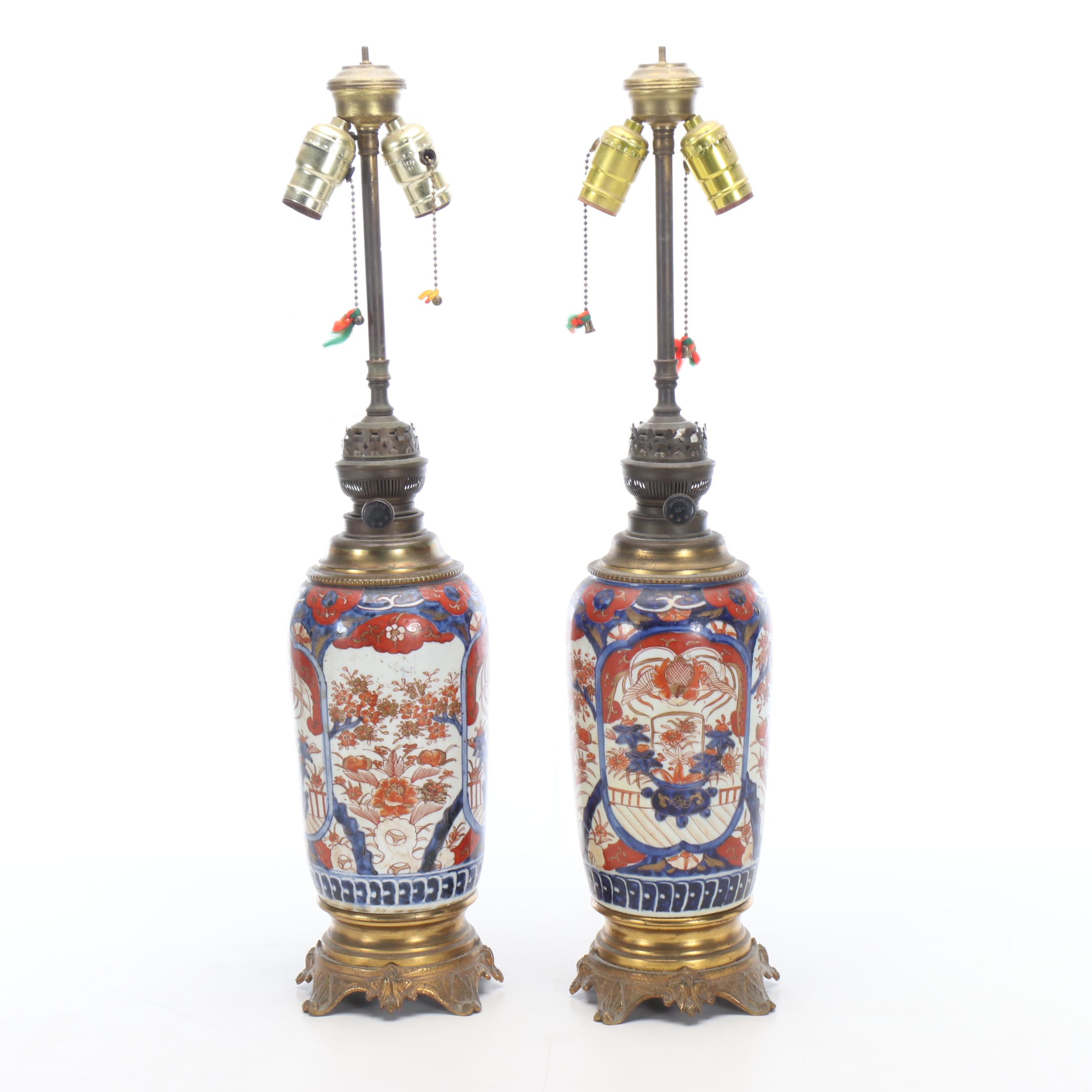 Japanese Imari Porcelain Style Vase Table Lamps with Silk Drum Shades