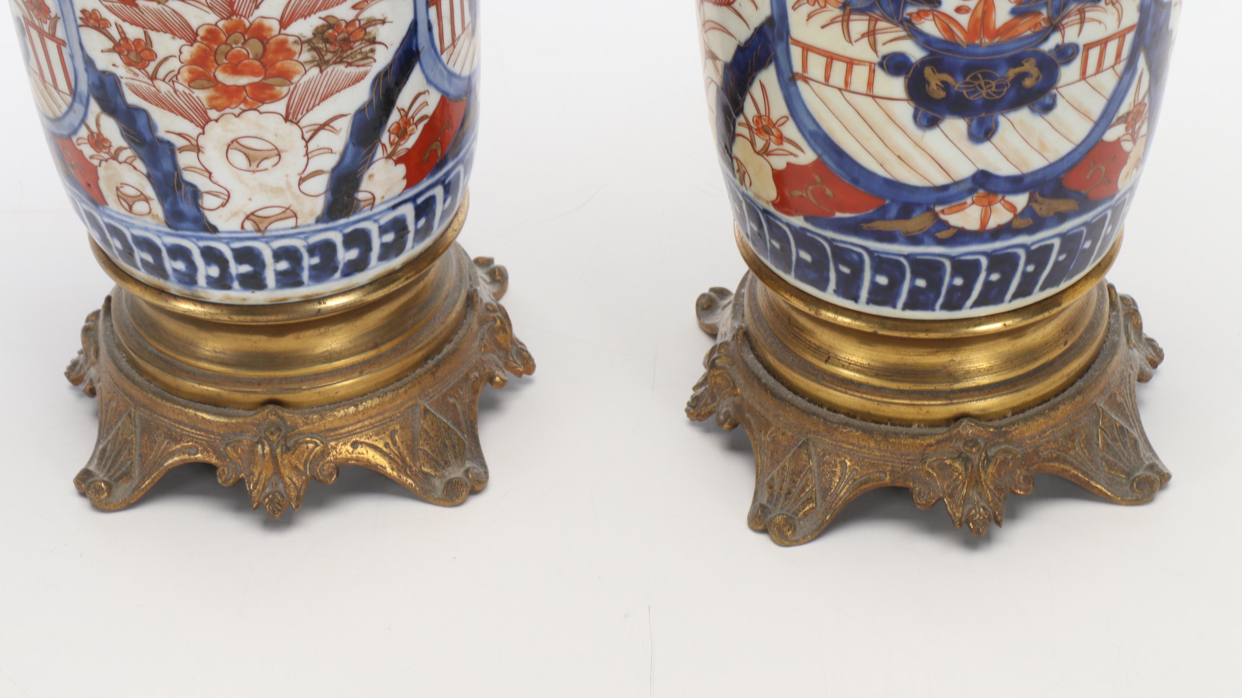 Japanese Imari Porcelain Style Vase Table Lamps with Silk Drum Shades