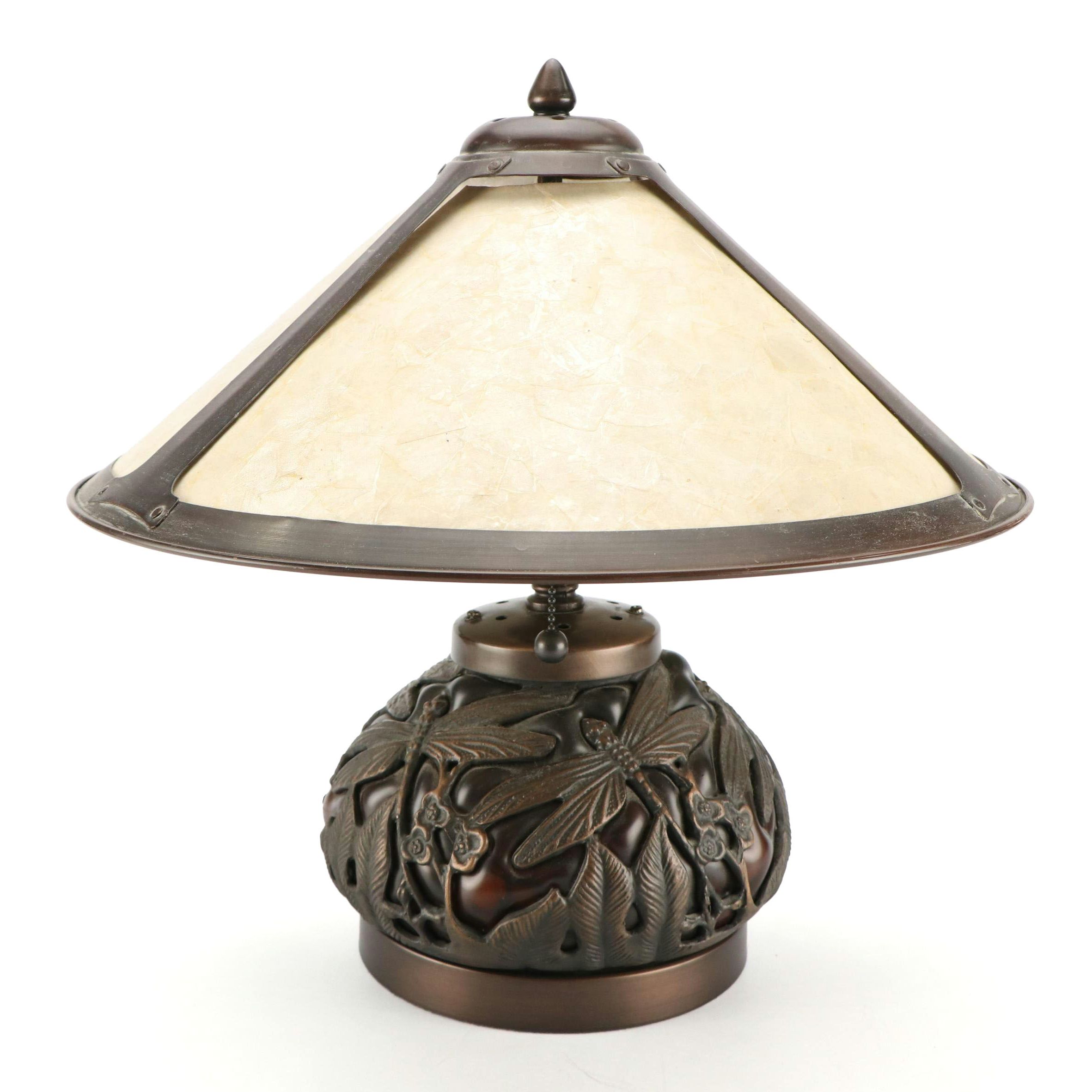 Bronzed Metal and Spotted Amber Glass Dragonfly Lamp, Van Erp Style Mica Shade
