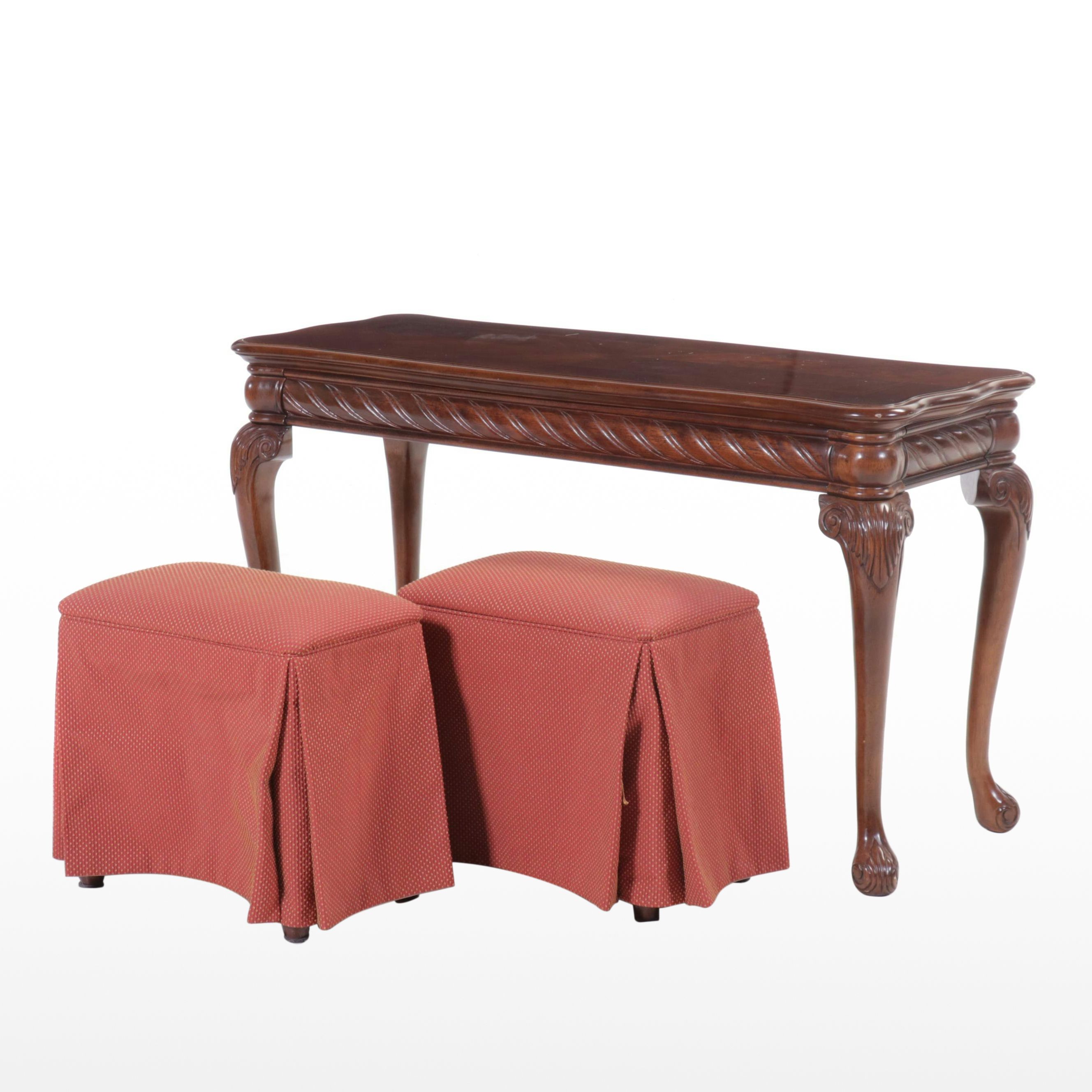 Pair of Queen Anne Style Ottomans with Mahogany Sofa Table
