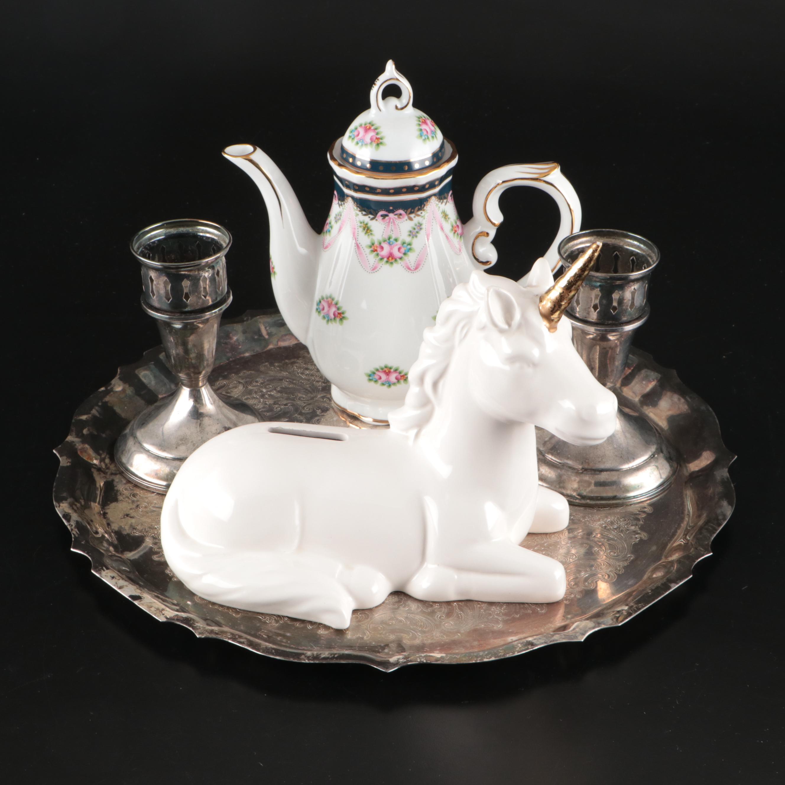 Gorham "Heritage" Silver Plate Tray, Towle Silver Plate Candle Holders, and More