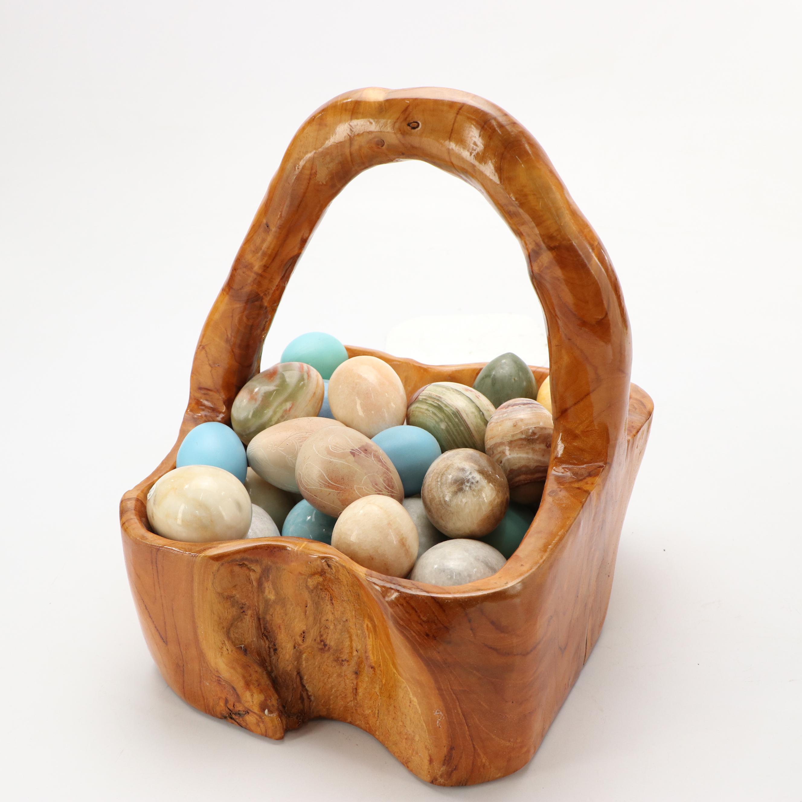 Burl Wood Basket with Carved Stone Eggs