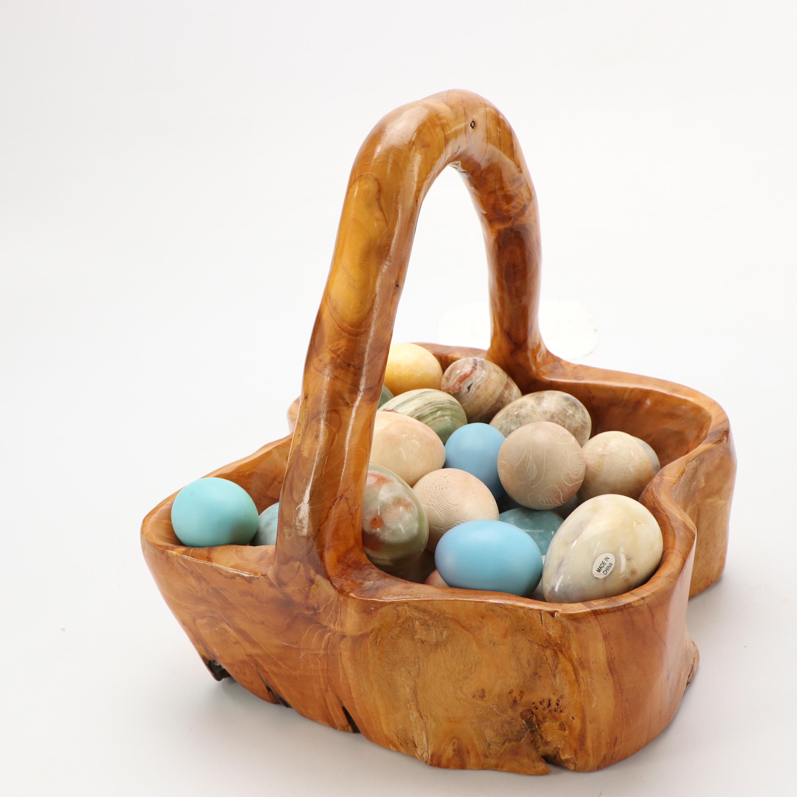 Burl Wood Basket with Carved Stone Eggs