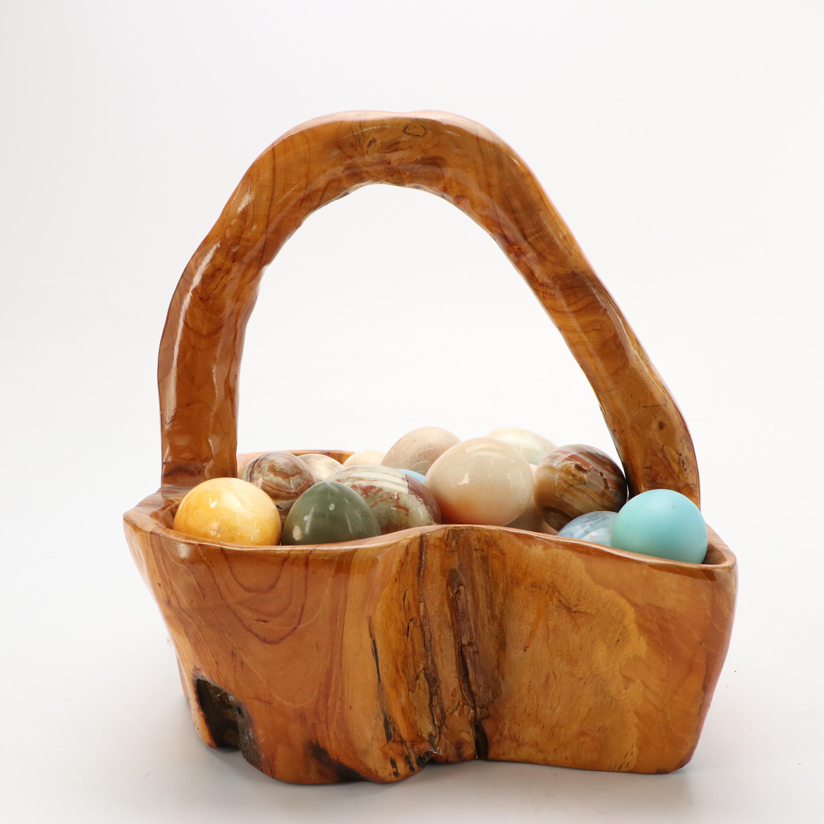 Burl Wood Basket with Carved Stone Eggs