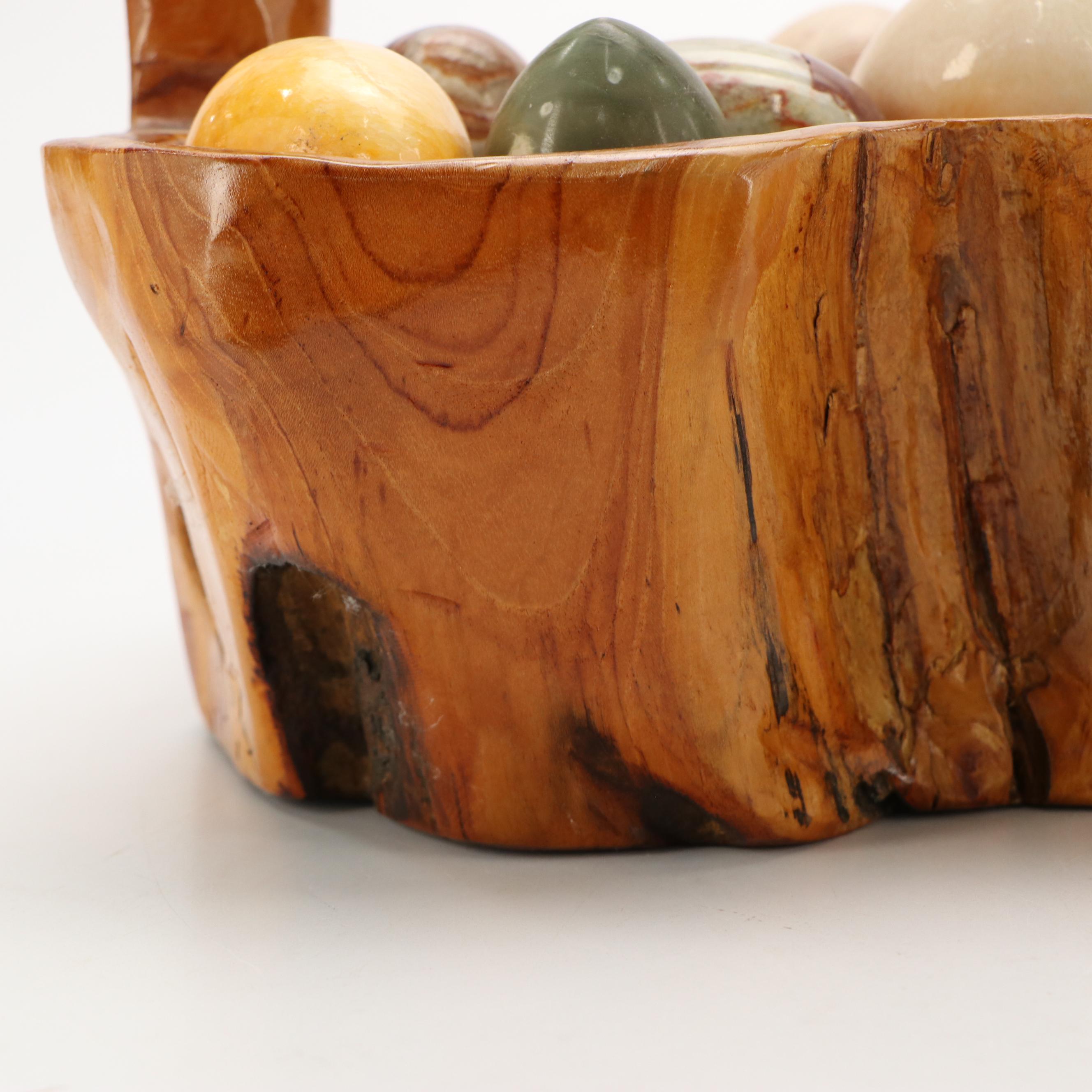 Burl Wood Basket with Carved Stone Eggs
