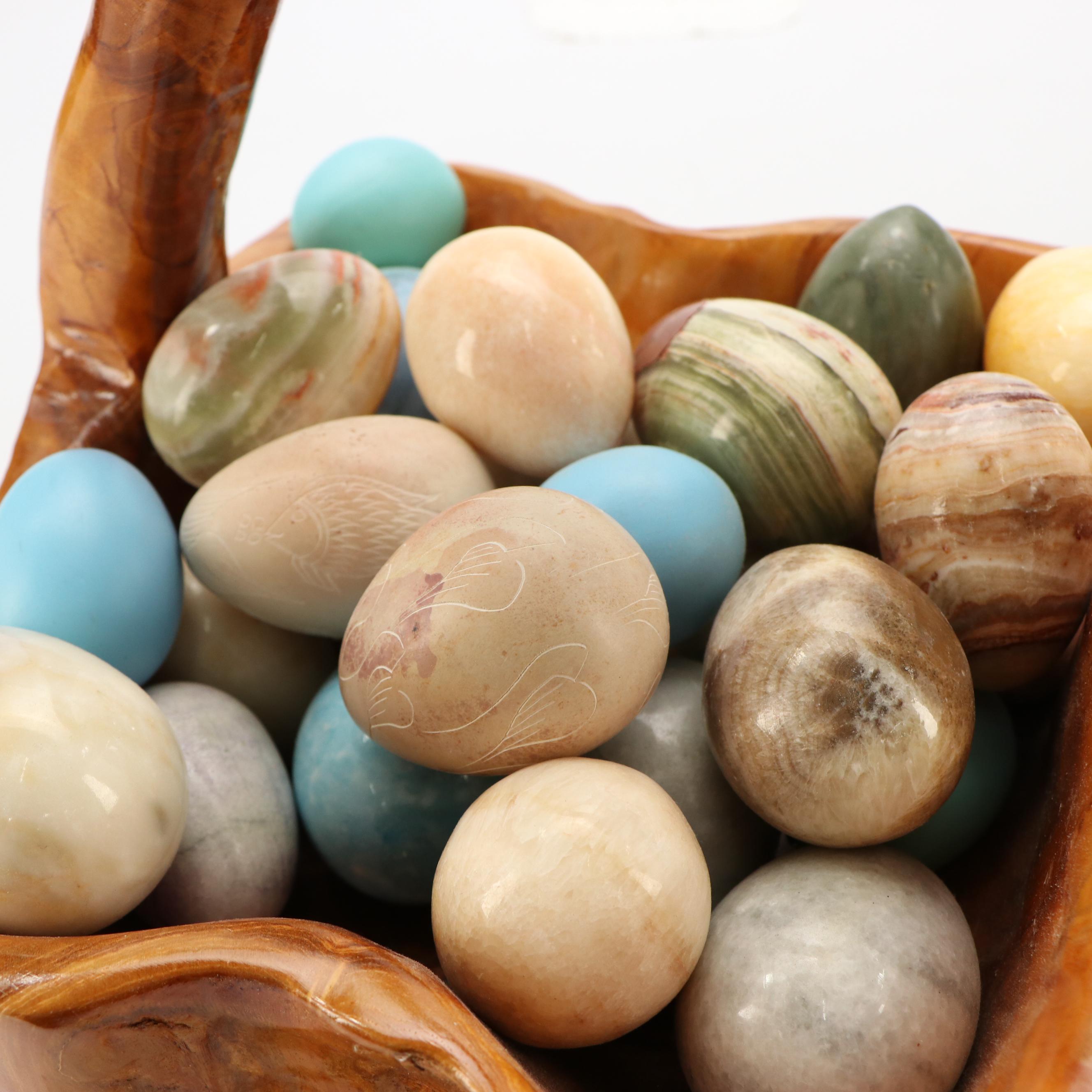 Burl Wood Basket with Carved Stone Eggs