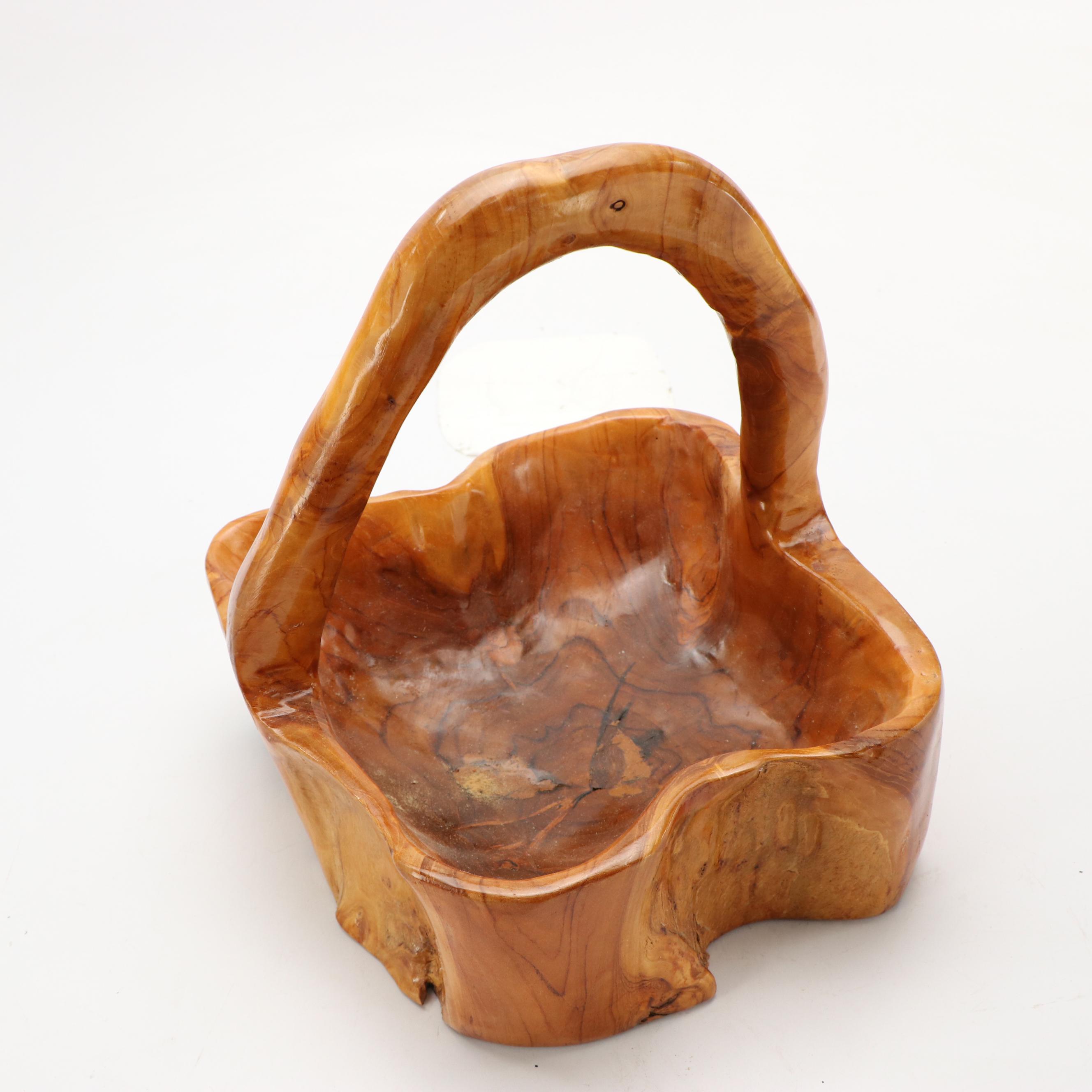 Burl Wood Basket with Carved Stone Eggs