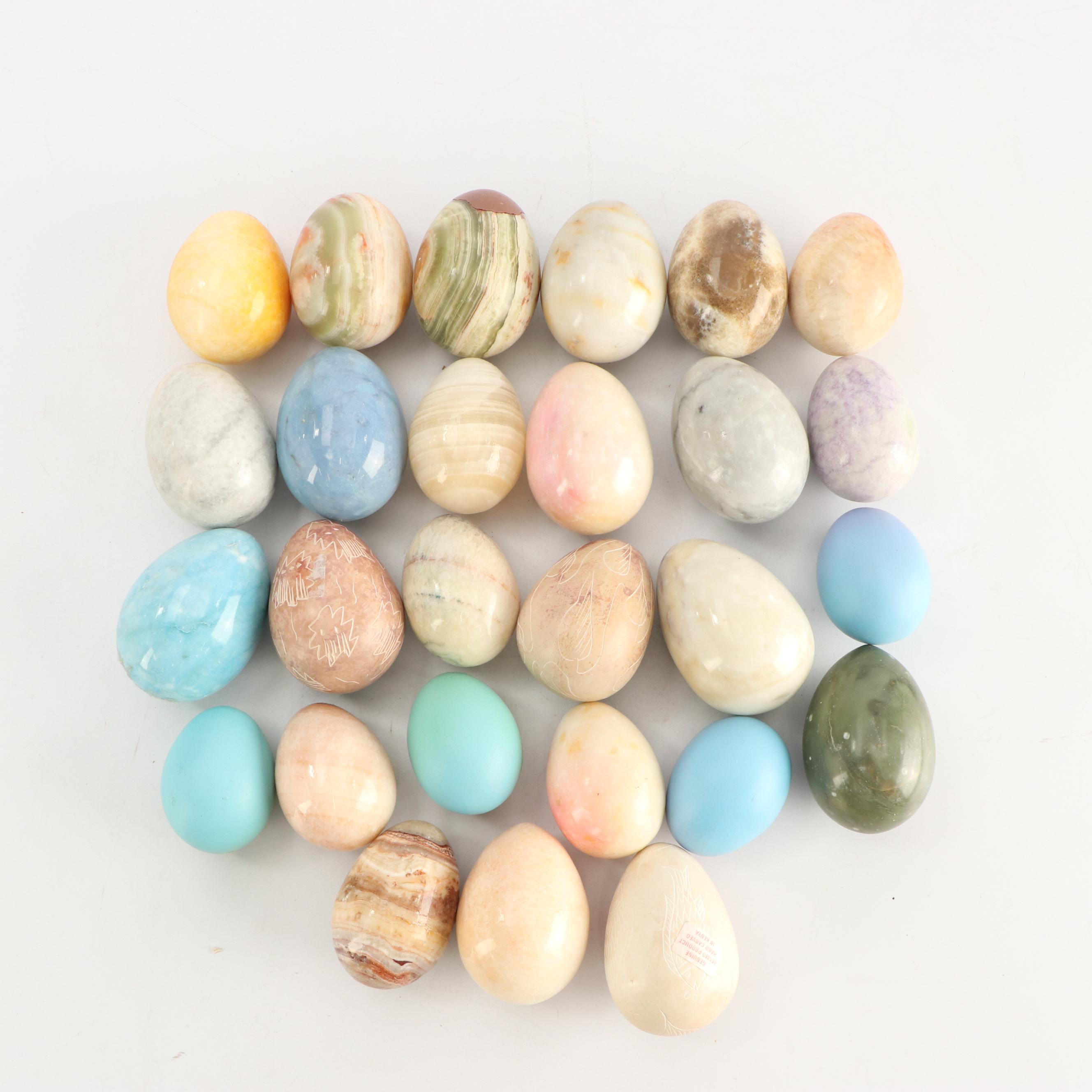 Burl Wood Basket with Carved Stone Eggs