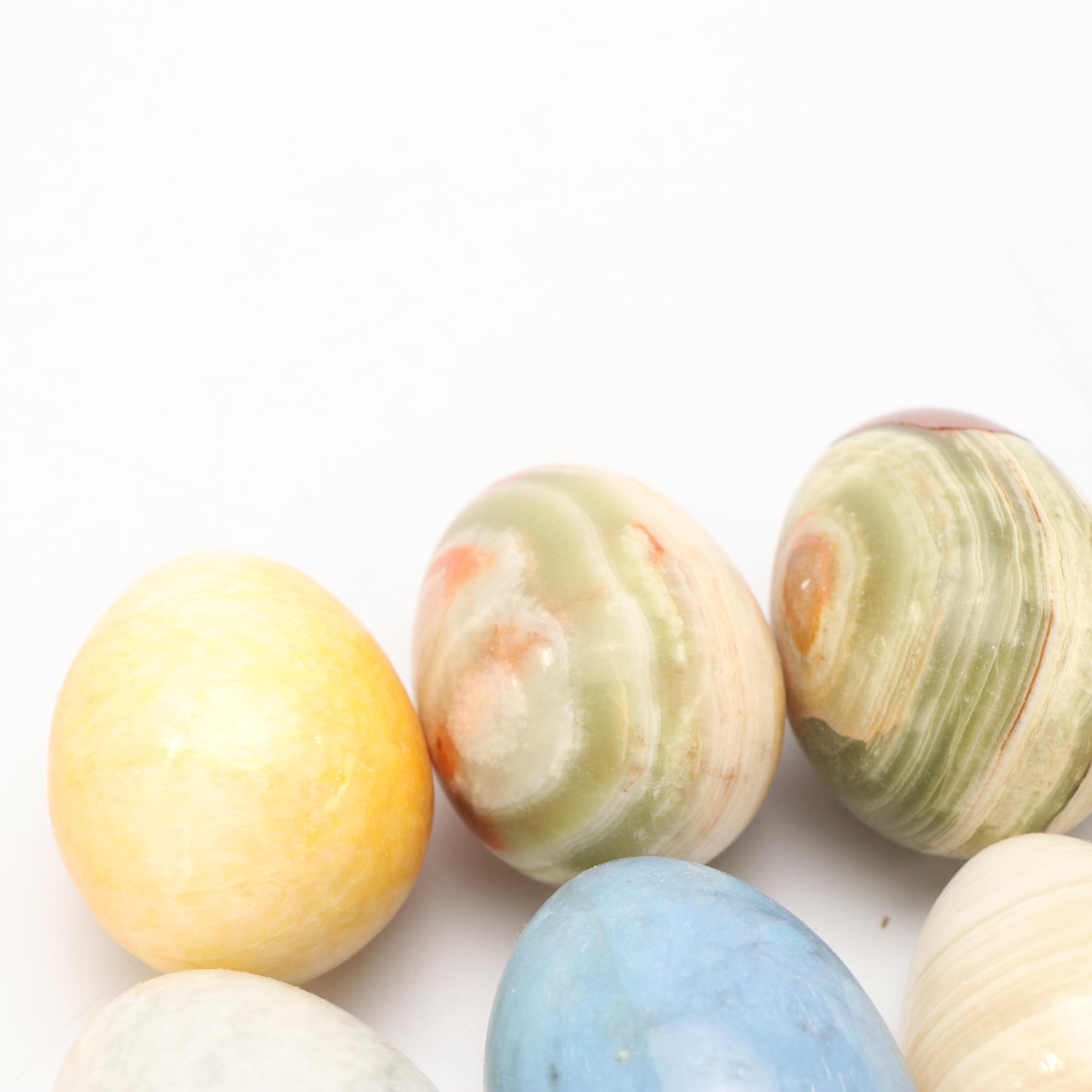 Burl Wood Basket with Carved Stone Eggs