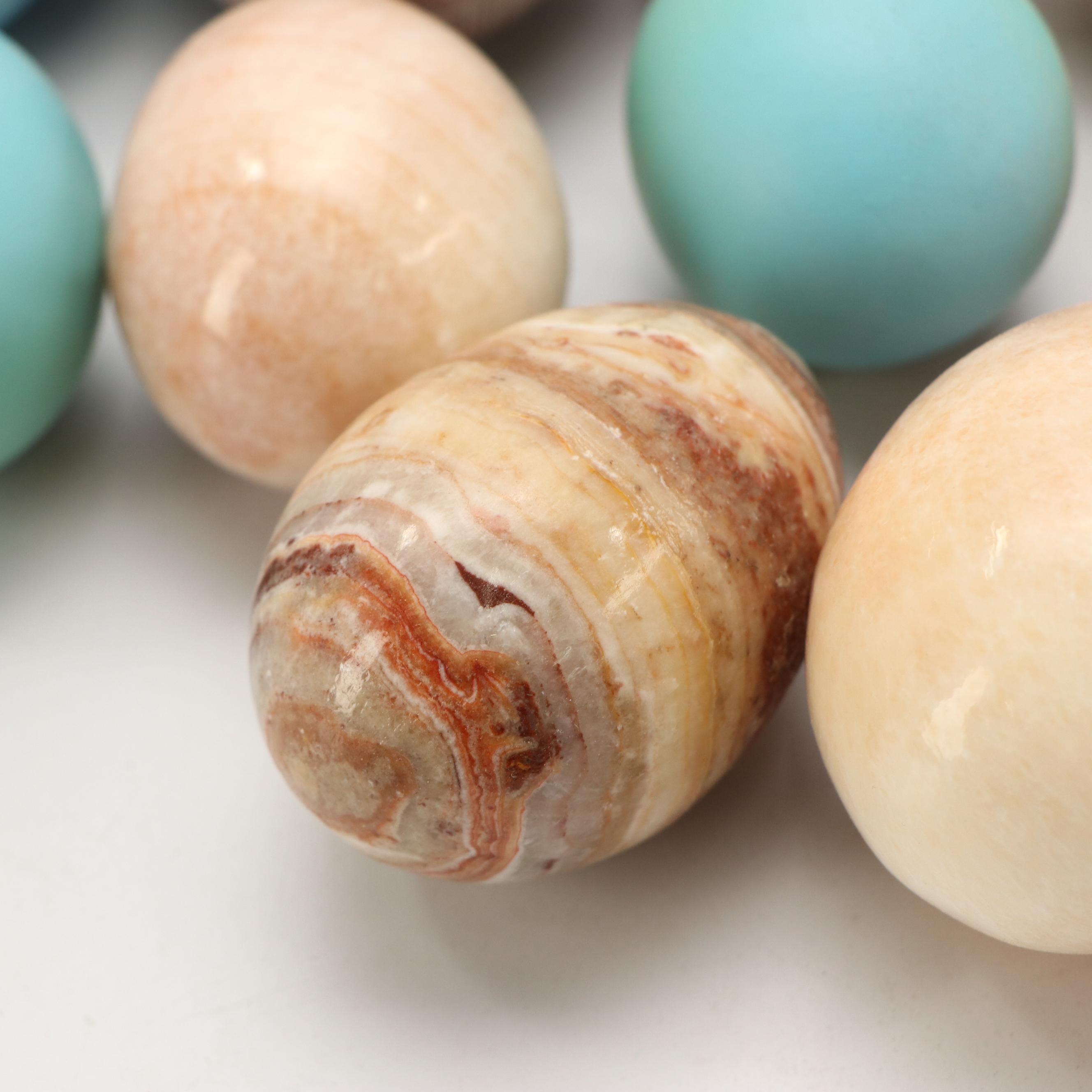 Burl Wood Basket with Carved Stone Eggs